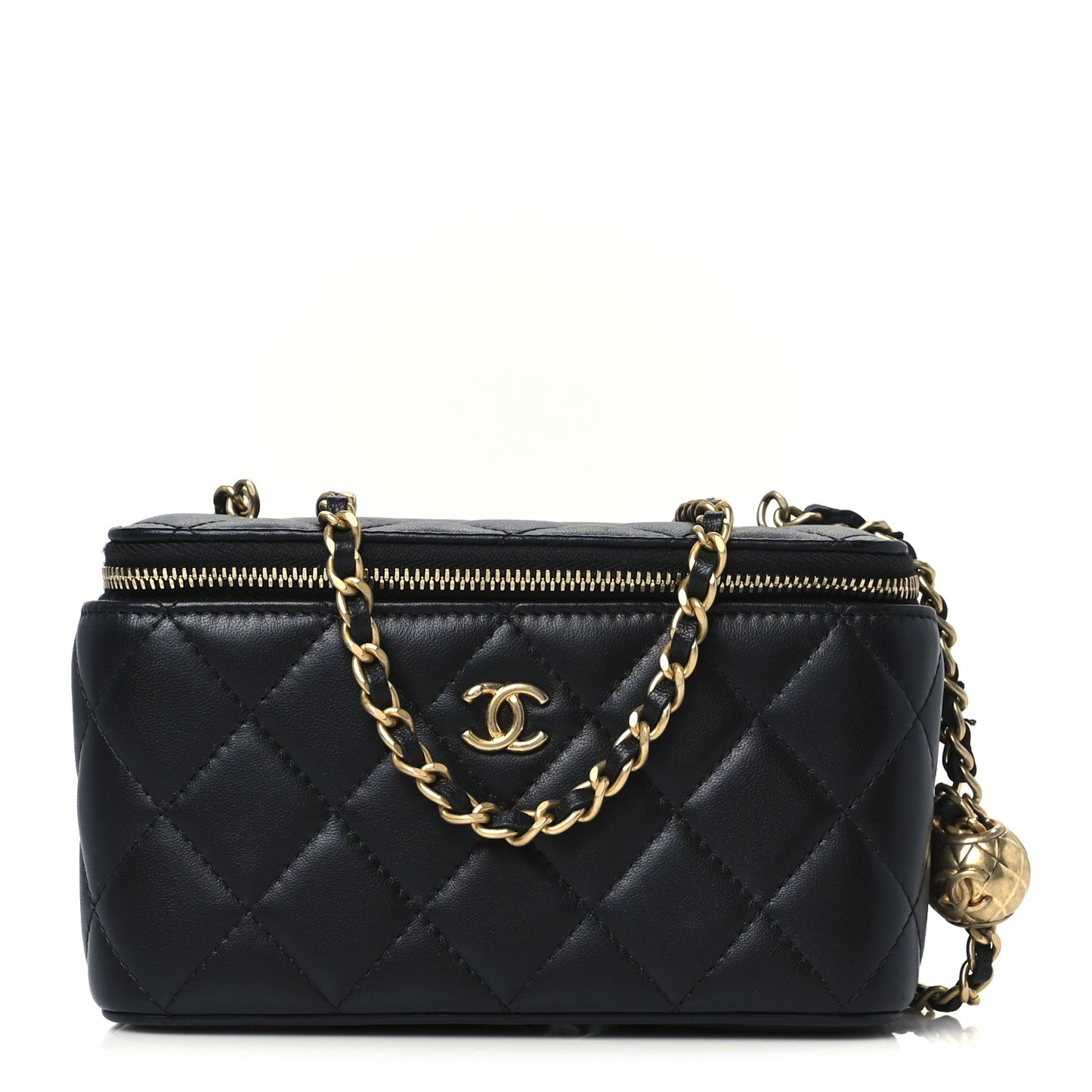 Lambskin Quilted Pearl Crush Small Vanity Case With Chain Black