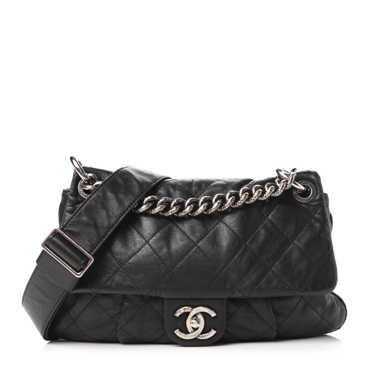 Calfskin Coco Pleats Messenger Flap Black
