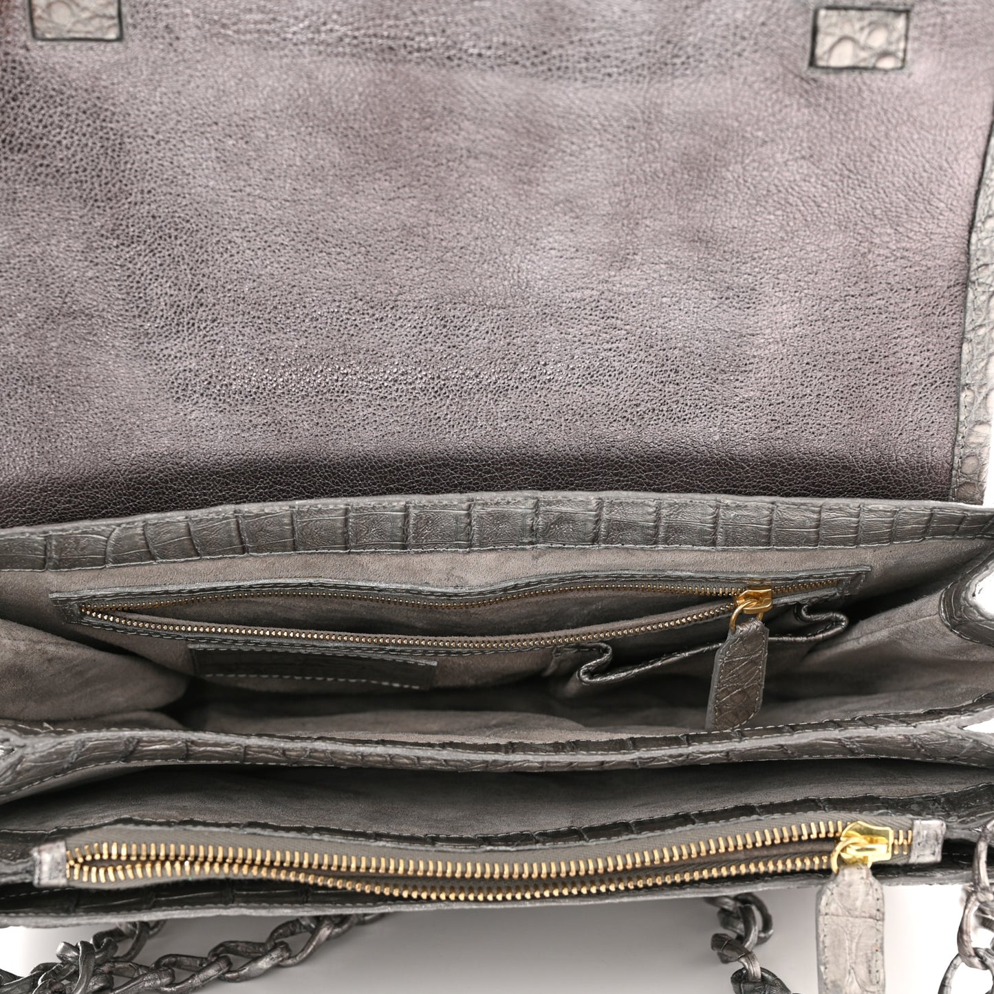 Metallic Crocodile Flap Chain Shoulder Bag Grey