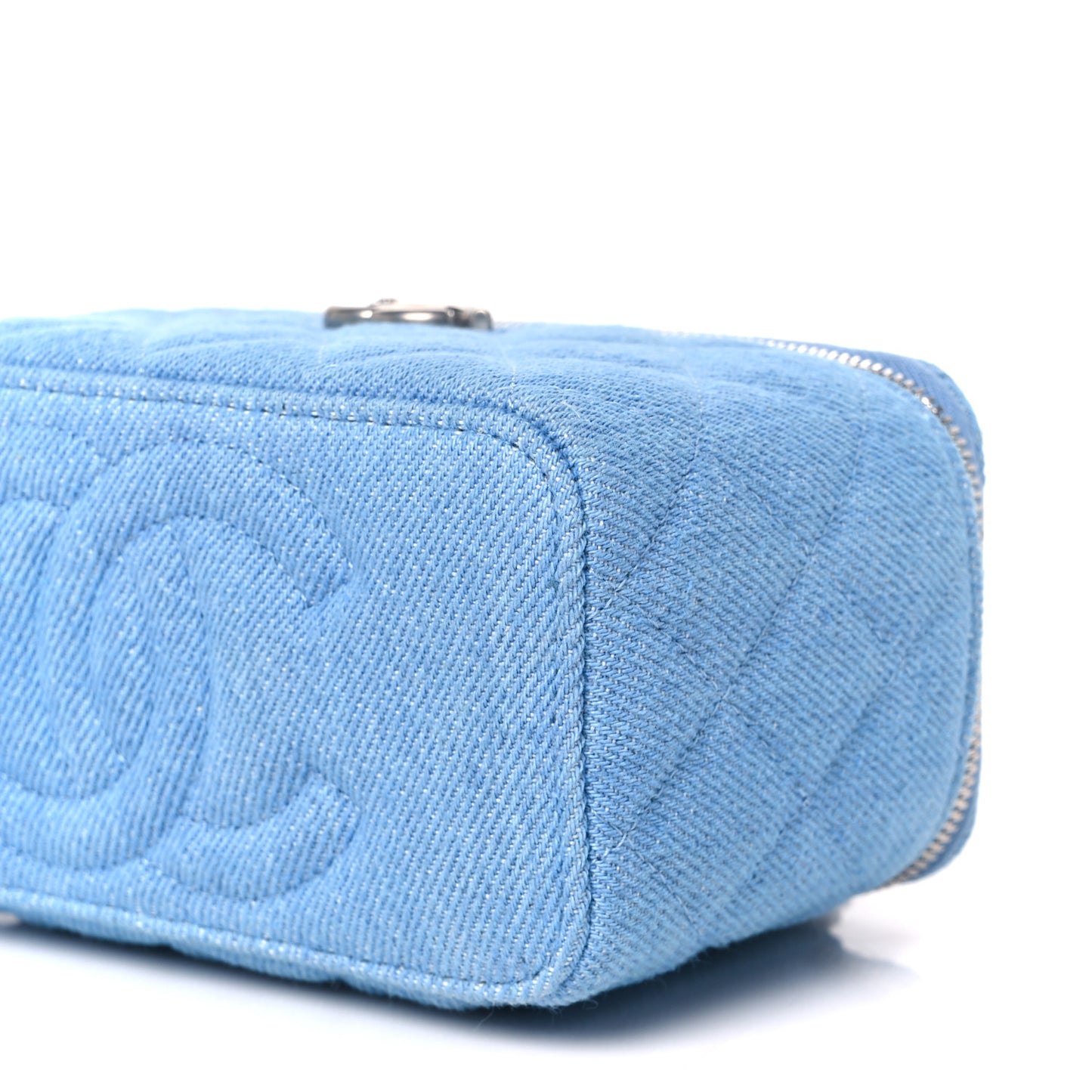 Denim Quilted Sweetheart Small Vanity Case With Chain Blue