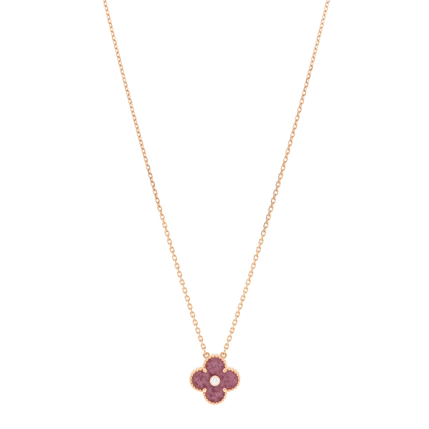 18K Rose Gold Diamond Rhodonite Vintage Alhambra Pendant Necklace
