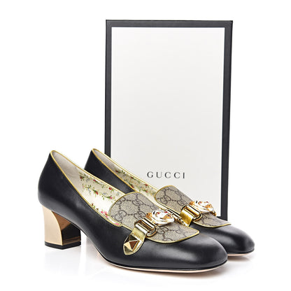 Gucci Malaga Kid Nappa GG Supreme Monogram Tiger Head Mid Heel Loafer Pumps 39.5 Black Oro Vecchio Beige 10 of 10