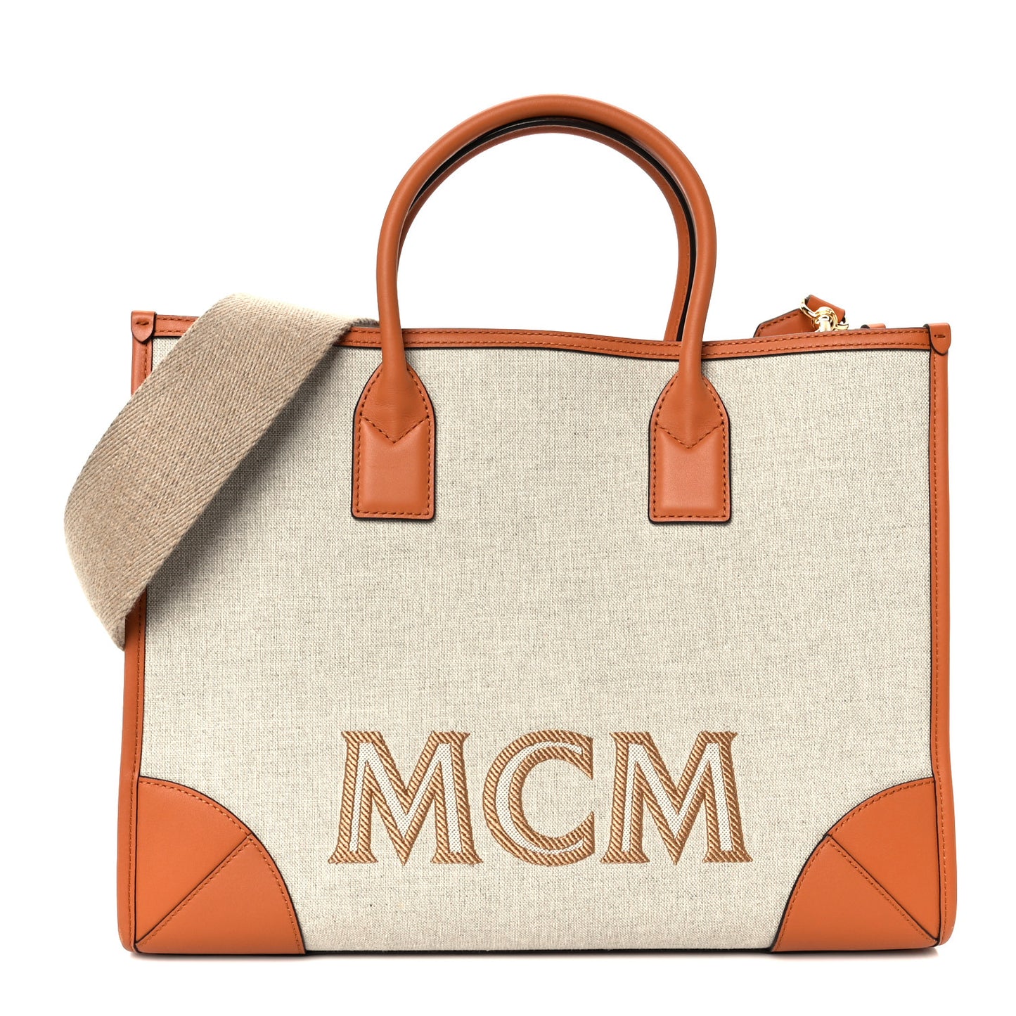 Calfskin Linen Large Munchen Tote Cognac