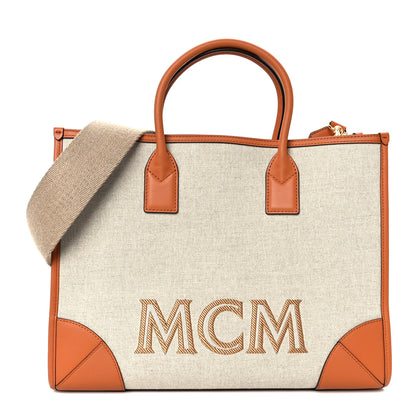 MCM Calfskin Linen Large Munchen Tote Cognac 1 of 12