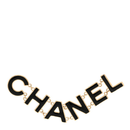 Chanel Metal Enamel Cha-Nel Logo Brooch Black Gold 1 of 5
