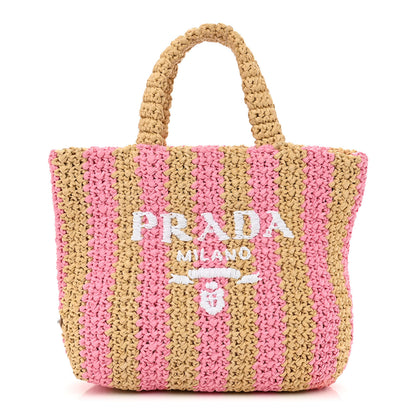 Prada Yarn Raffia Effect Crochet Striped Small Logo Tote Naturale Petalo 1 of 11