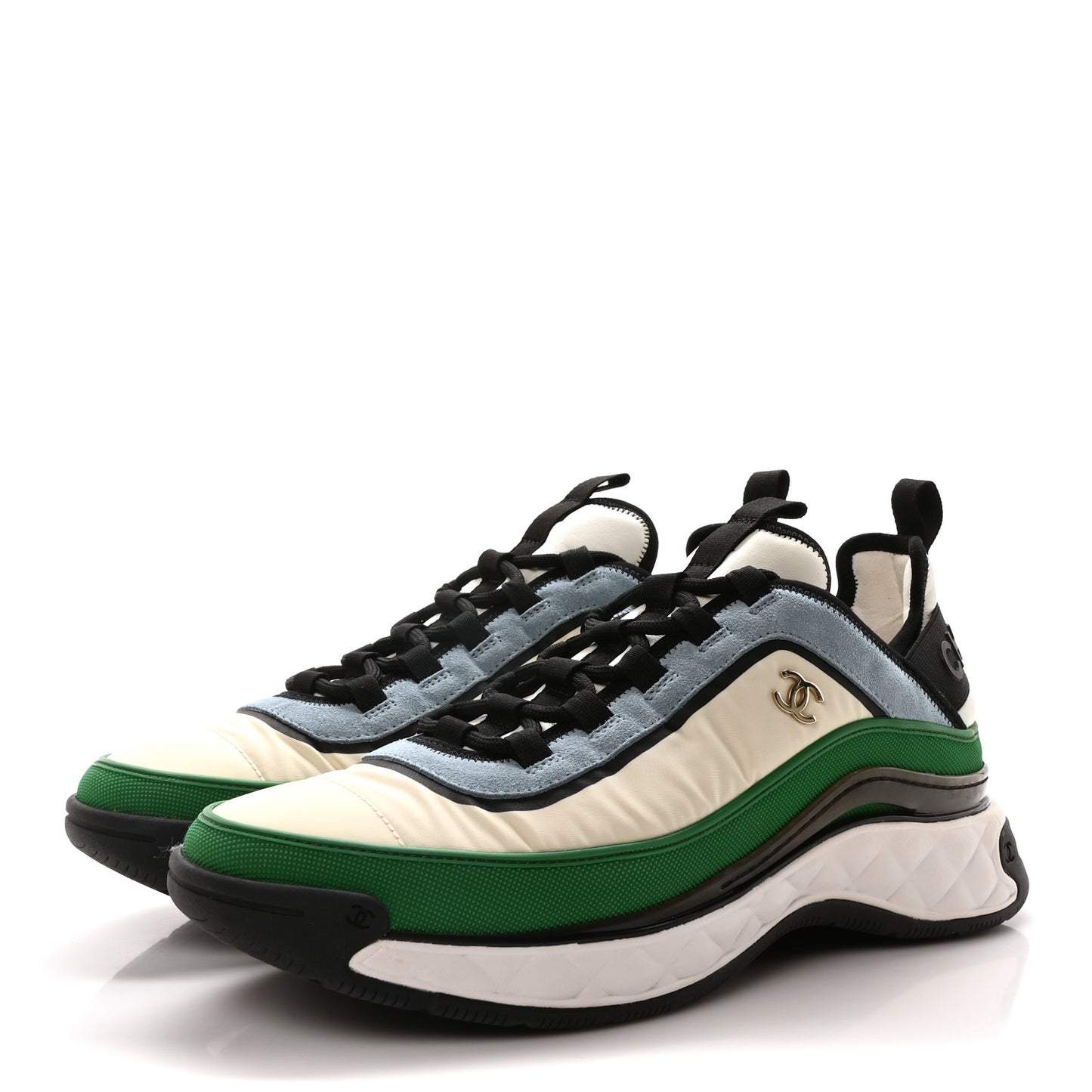 Suede Calfskin Mixed Fibers CC Sneakers 44 Ivory Green Light Blue