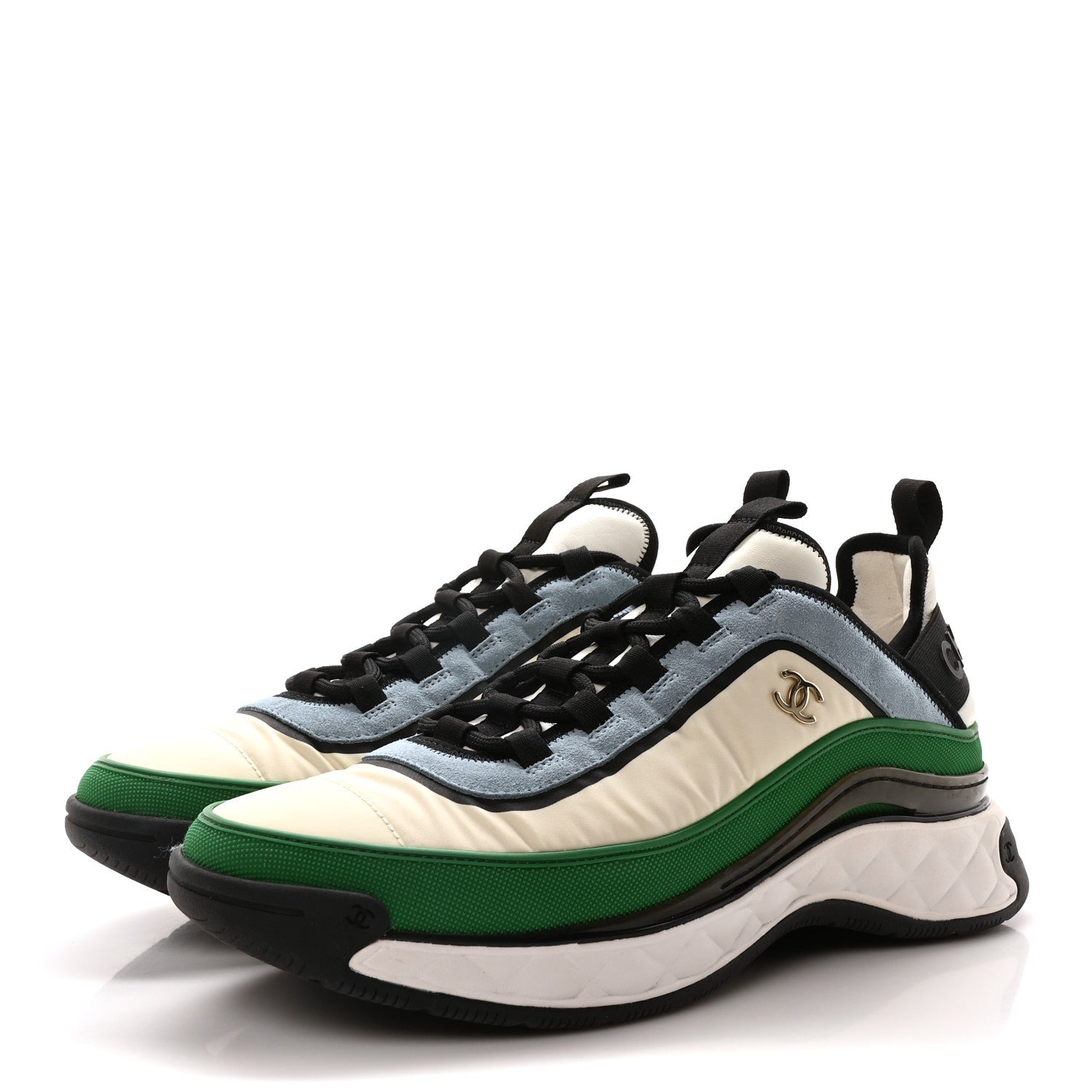 Chanel Suede Calfskin Mixed Fibers CC Sneakers 44 Ivory Green Light Blue 4 of 9
