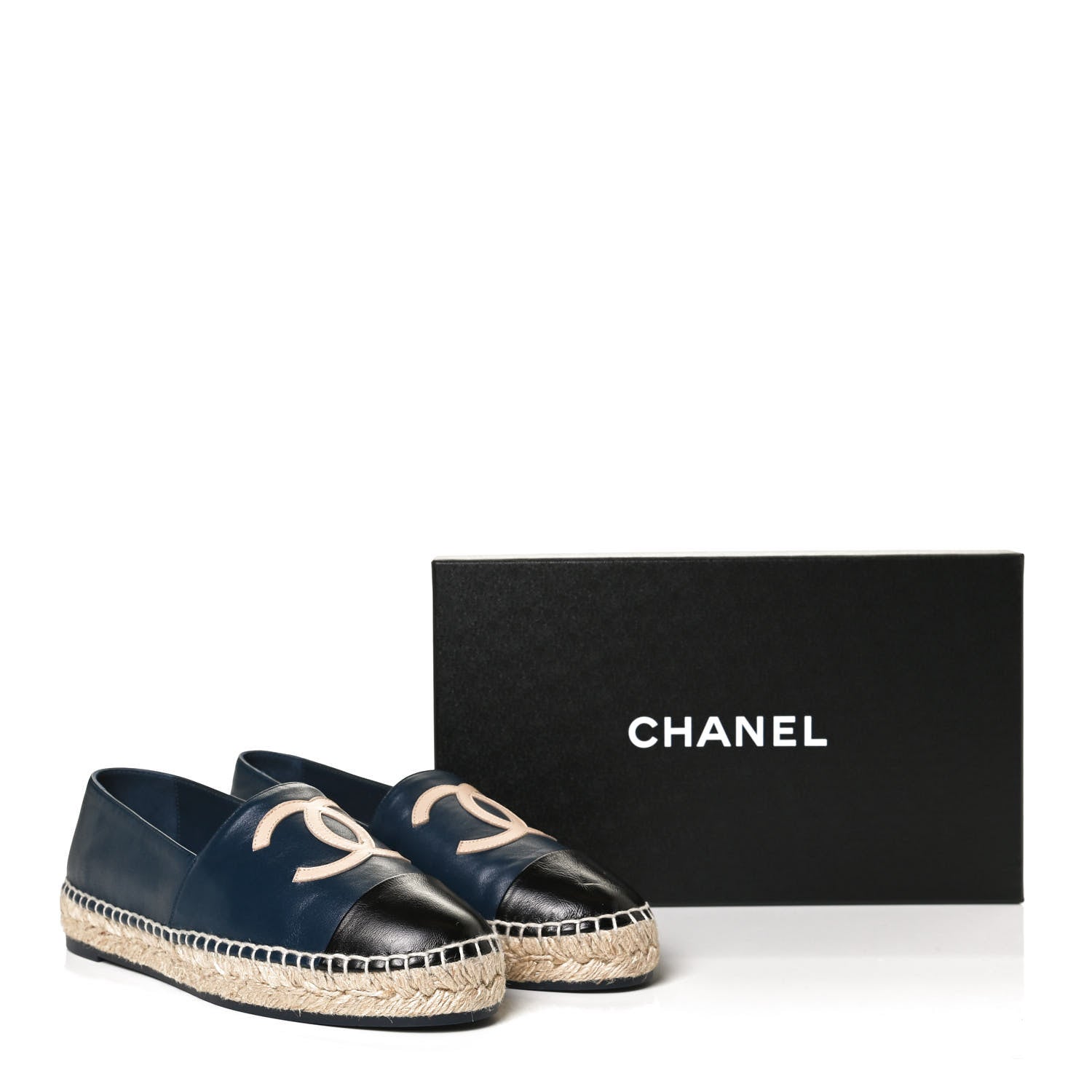 Chanel Lambskin Shiny Calfskin CC Espadrilles 39 Navy Blue Beige Black 13 of 13