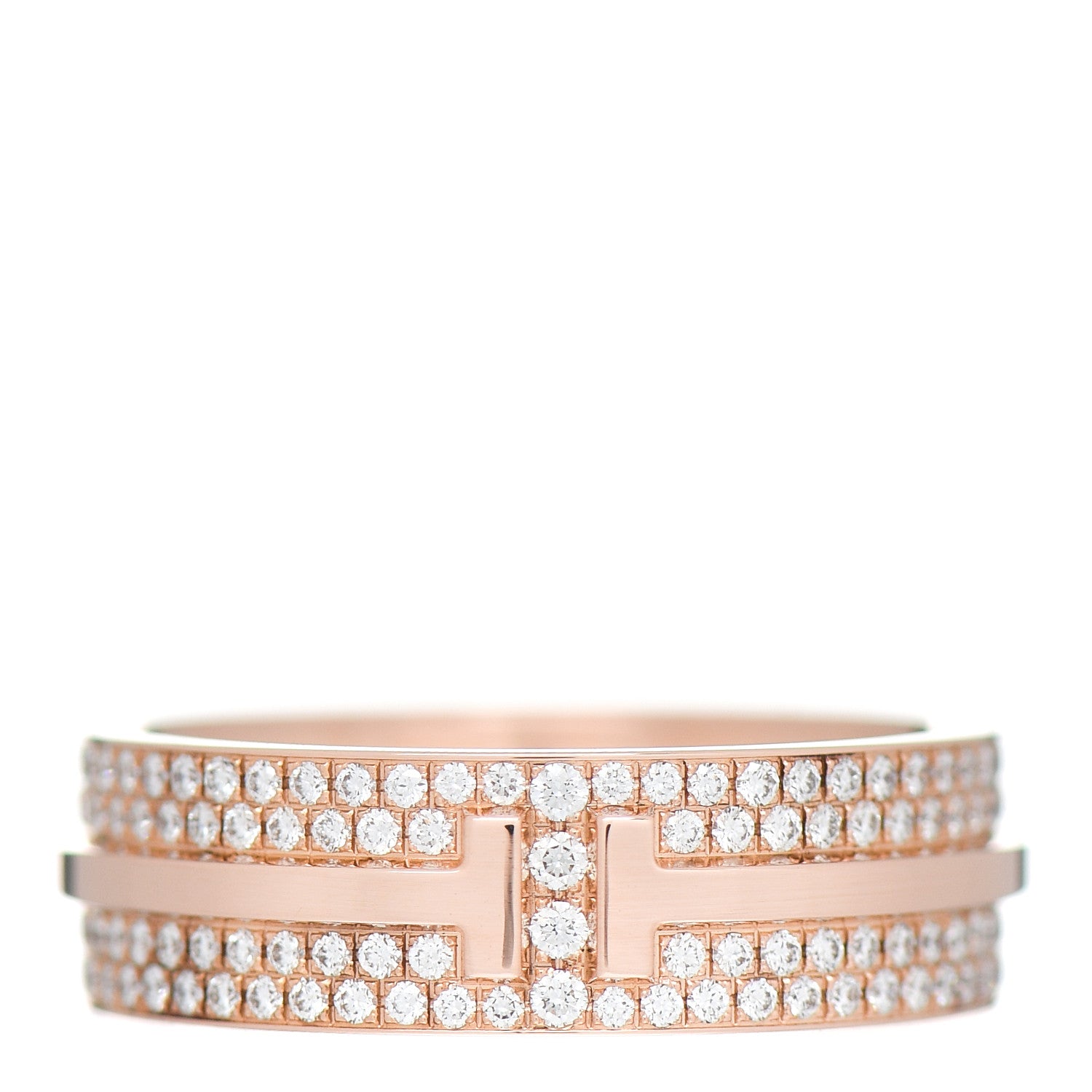 Tiffany 18K Rose Gold Diamond Wide T Two Pave Ring 52 6 1 of 5