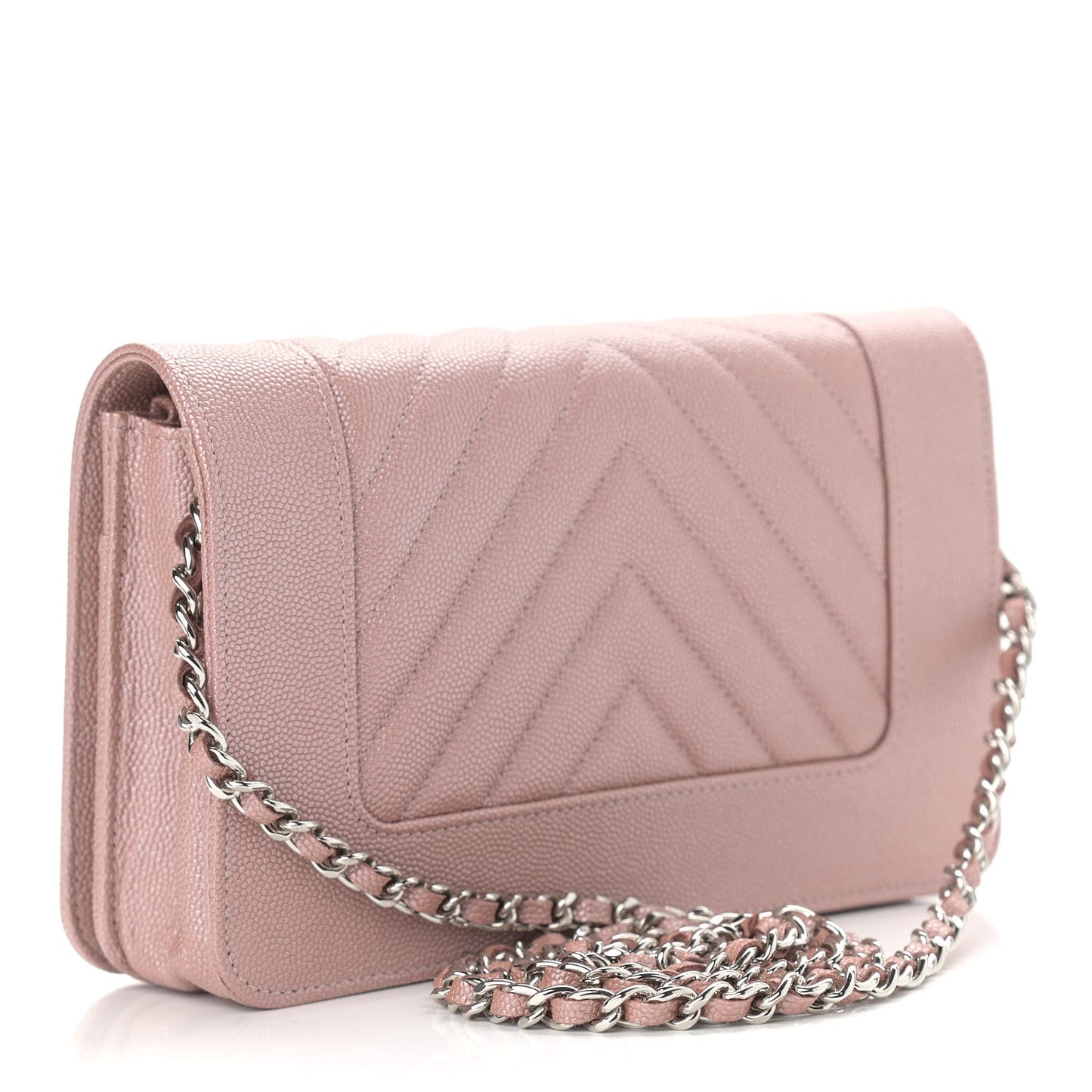 Metallic Caviar Chevron Quilted Vintage Mademoiselle Wallet On Chain WOC Pink