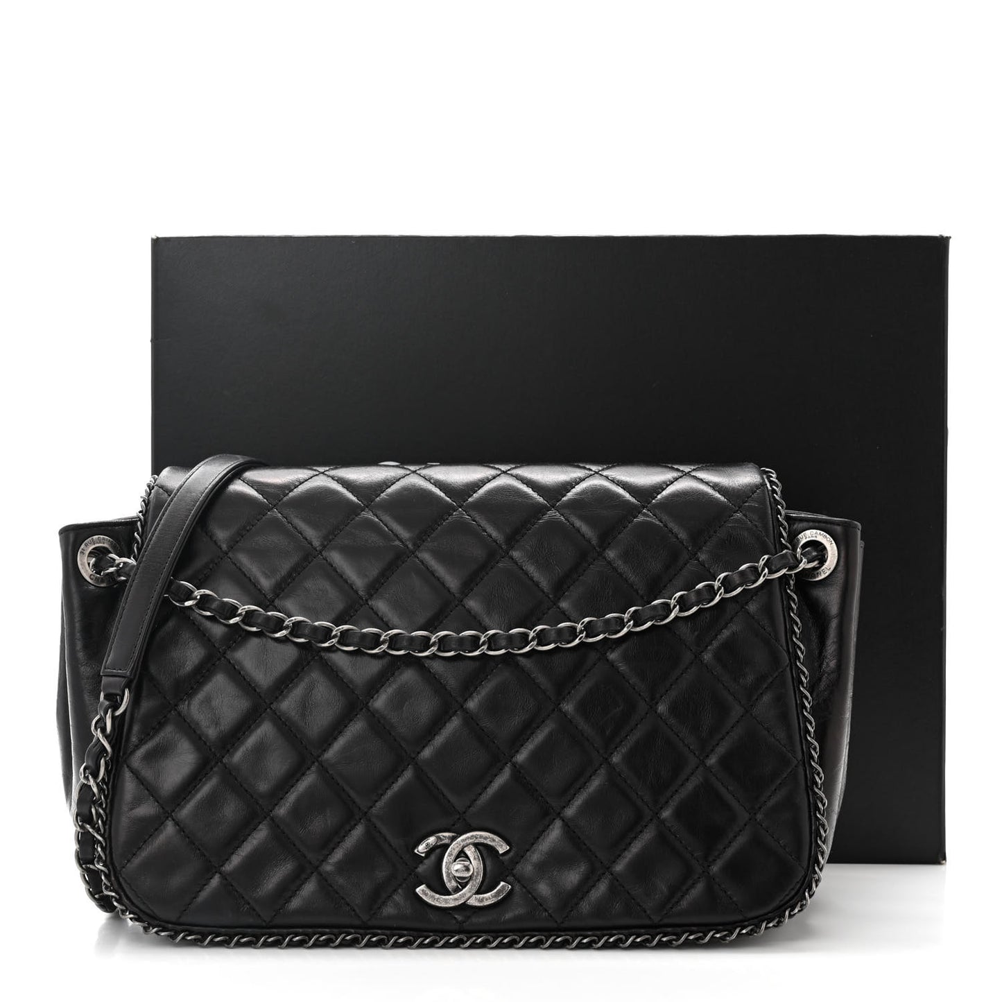 Glazed Calfskin Quilted Large CC Enchained Accordion Flap Black