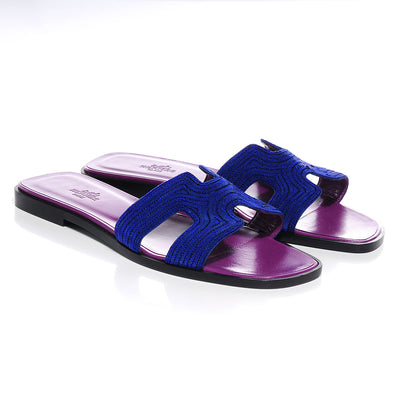 Hermes Herringbone Dabka Oran Sandals 38.5 Bleu 3 of 8