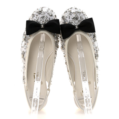 Chanel Satin Crystal Lambskin Grosgrain Bow CC Slingback Flats 38.5 White Black 2 of 10