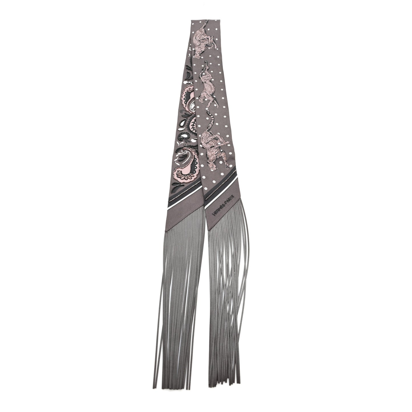 Silk Beaded Guepard Bandana Fringed Twilly Cacao Etoupe White