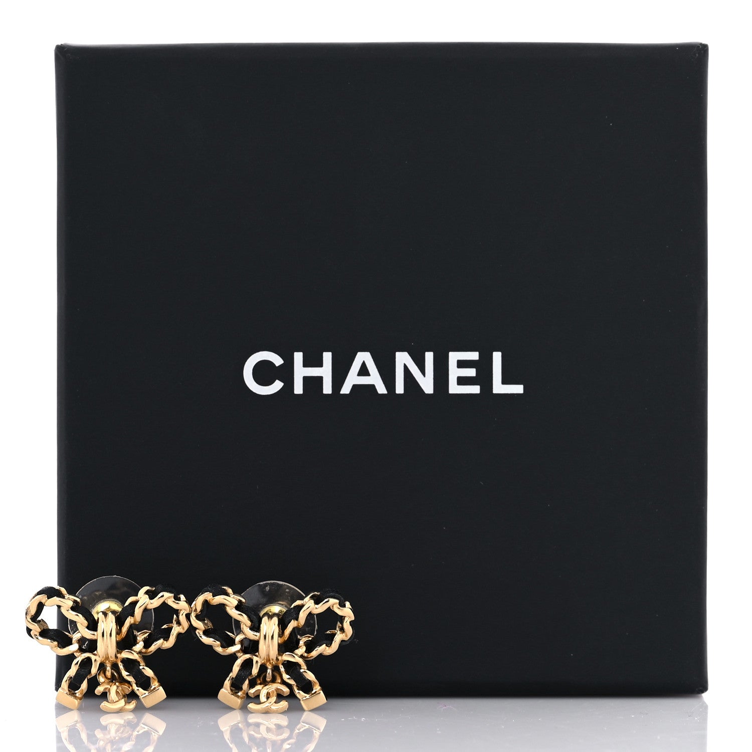Chanel Lambskin Chain Bow Stud Earrings Black Gold 5 of 5