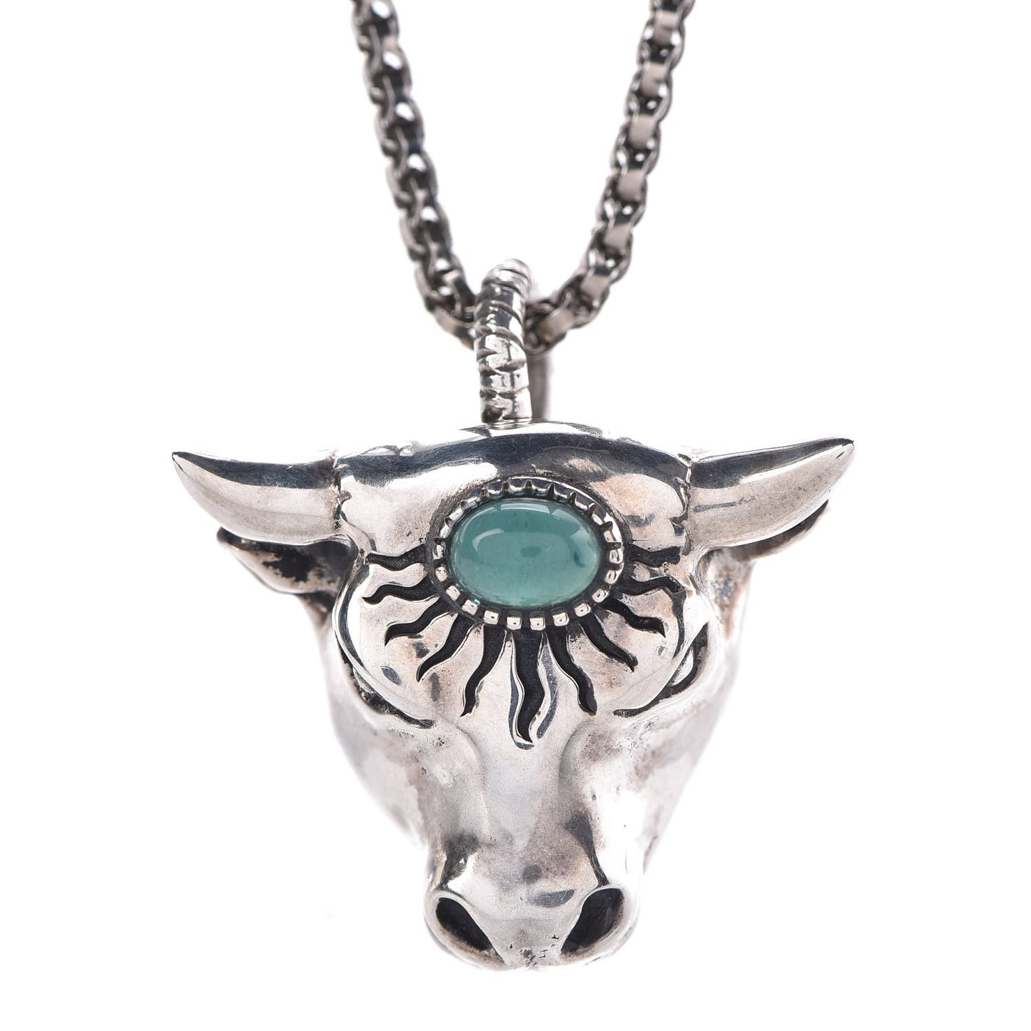 Sterling Silver Glass Anger Forest Bull Head Necklace Green