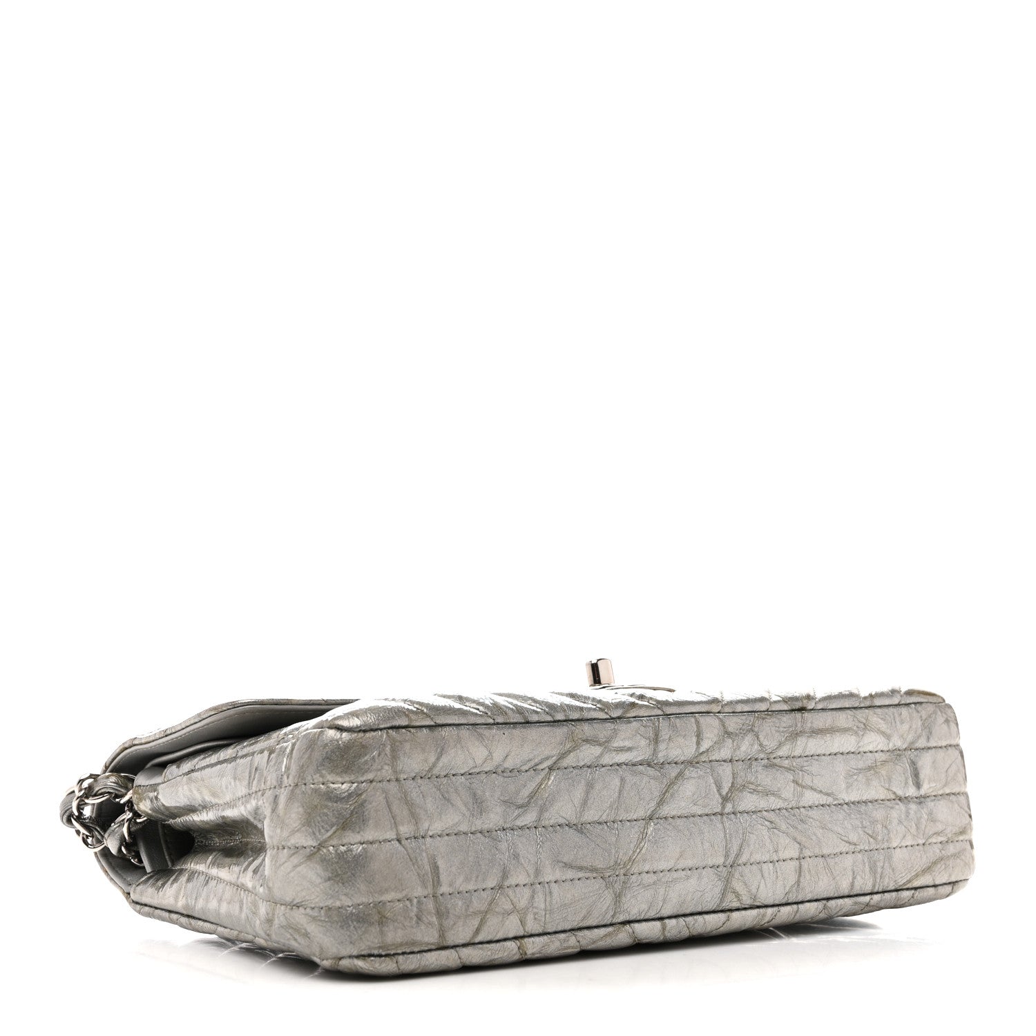Chanel Metallic Patent Crumpled Calfskin Chevron Quilted Medium Double Flap Silver 4 of 13