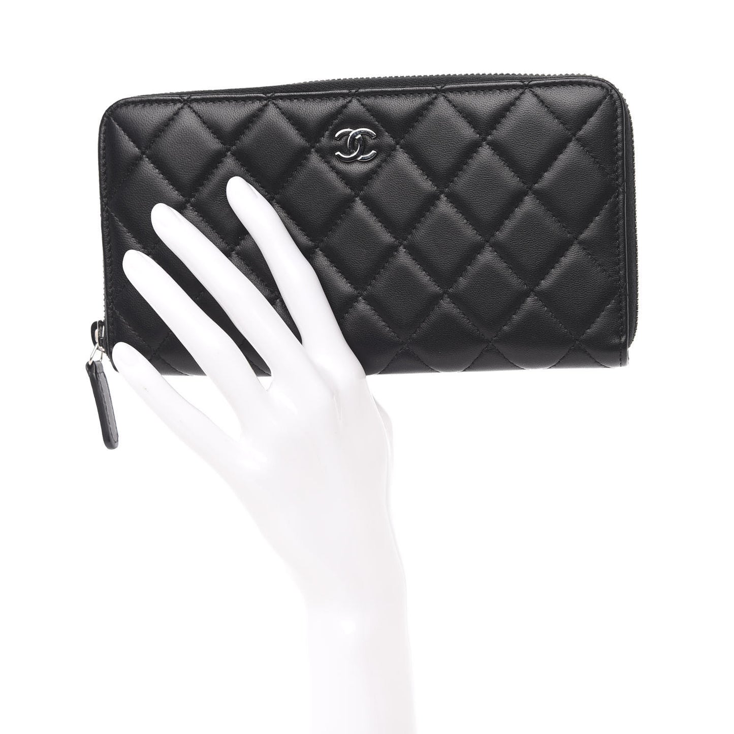 Lambskin Quilted Large Gusset Zip Around Wallet Black
