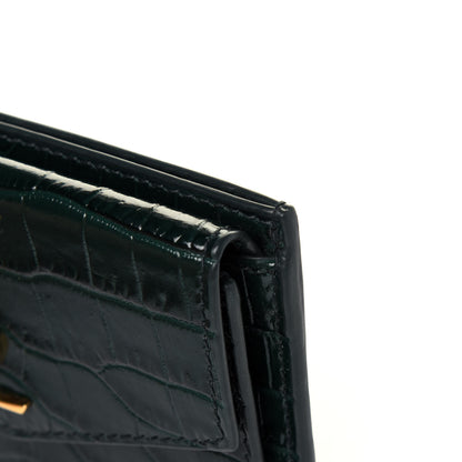 Saint Laurent Calfskin Crocodile Embossed Uptown Monogram Card Case Dark Green 10 of 12