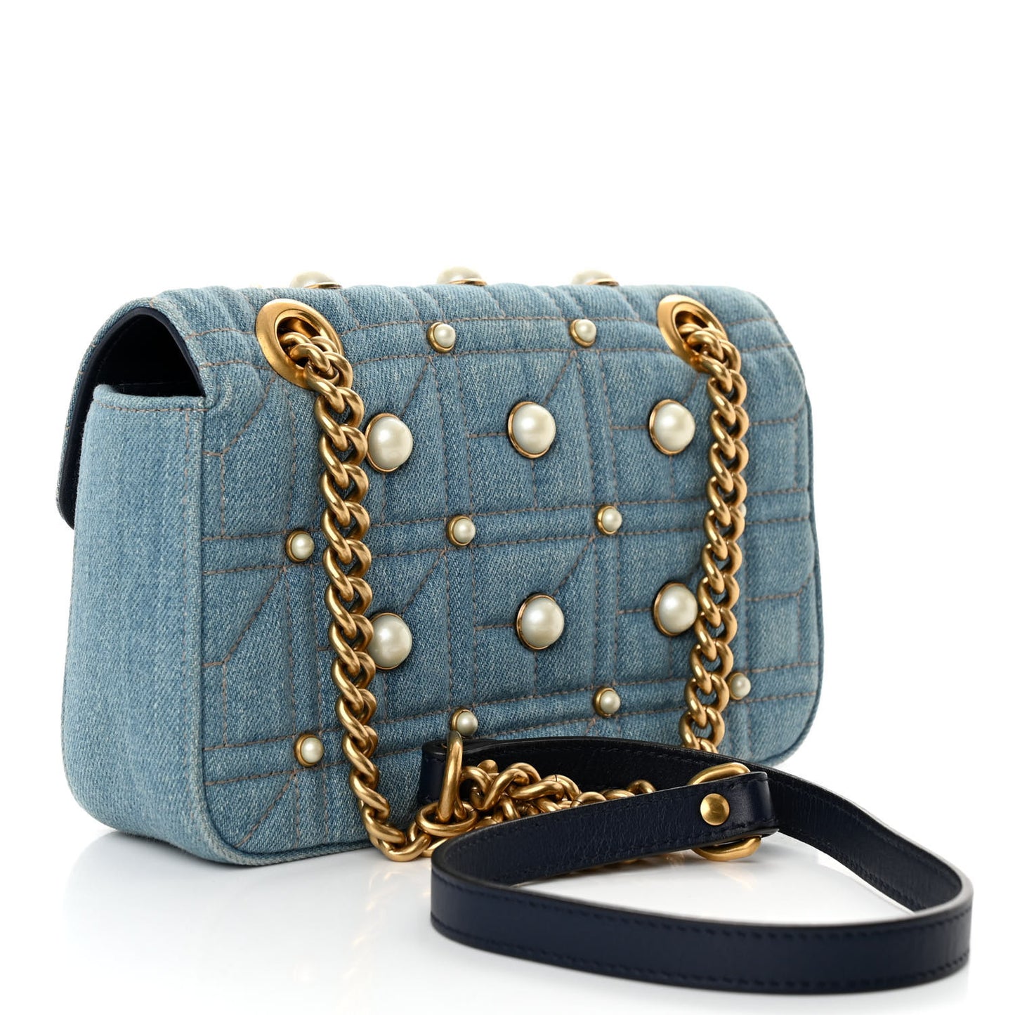 Denim Matelasse Pearl Studded Mini GG Marmont Shoulder Bag Blue