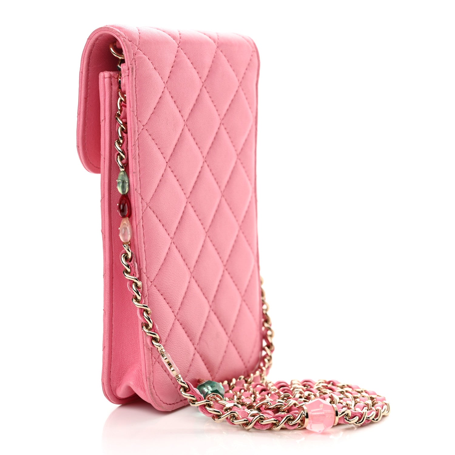 Chanel Lambskin Resin Quilted Phone Holder With Chain Pink 1535893