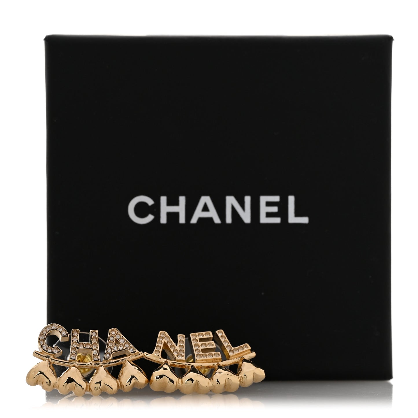 Crystal Heart Cha-Nel Logo Earrings Gold