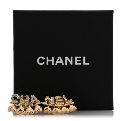 Chanel Crystal Heart Cha-Nel Logo Earrings Gold 6 of 6