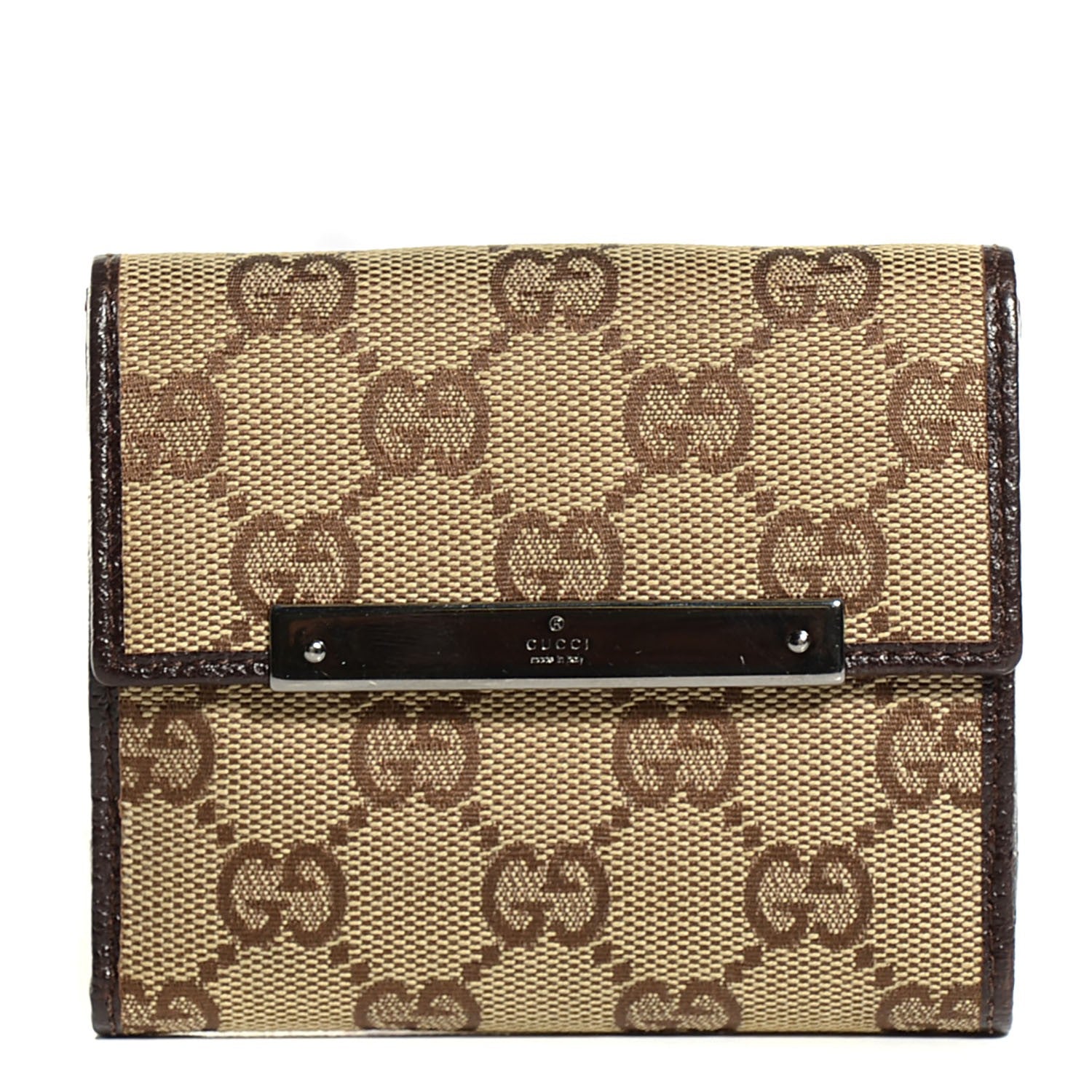 Gucci Monogram Textured Calfskin Metal Bar French Flap Wallet Beige Ebony Cocoa 1 of 8