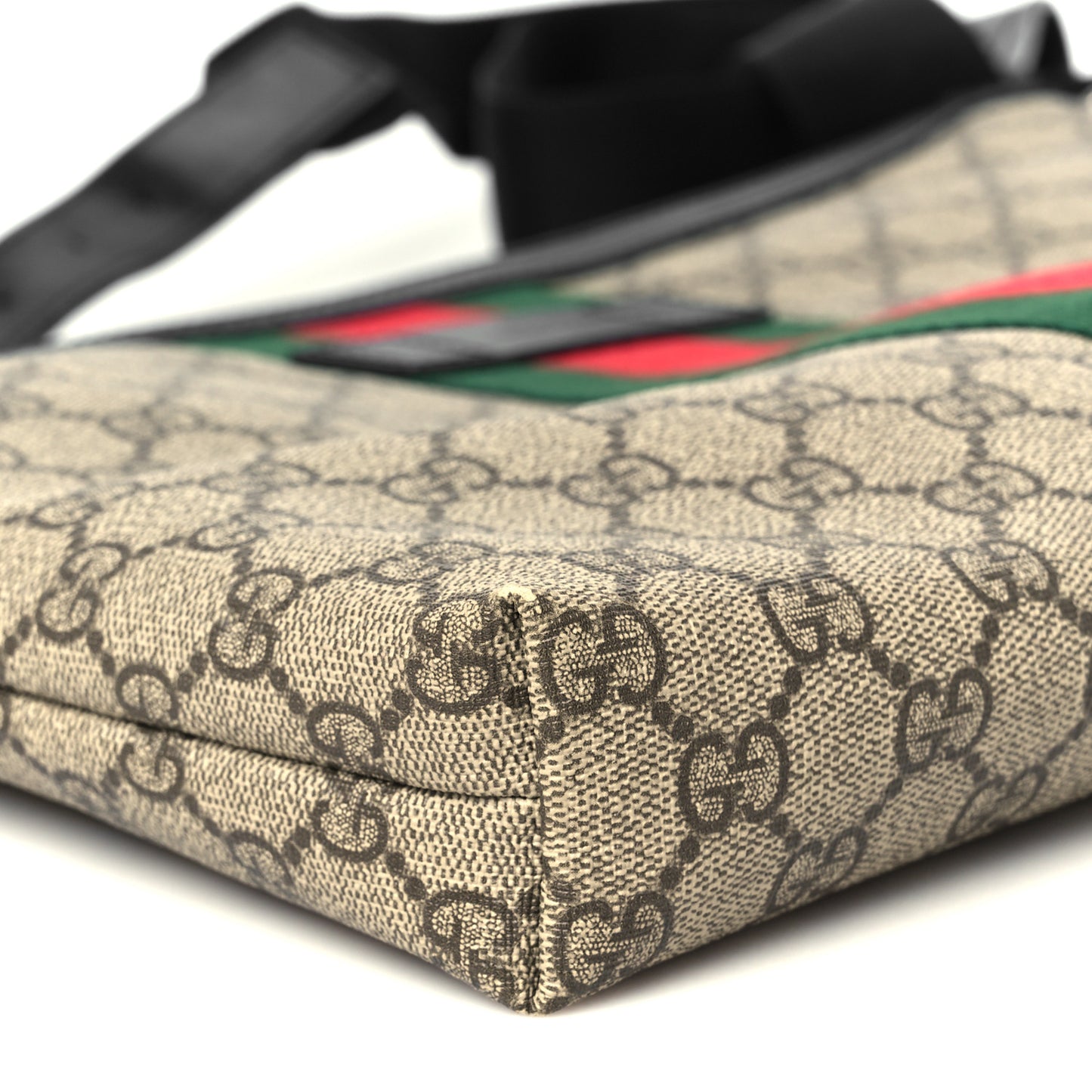 GG Supreme Monogram Calfskin Web Medium Flat Messenger Bag Beige Ebony Black