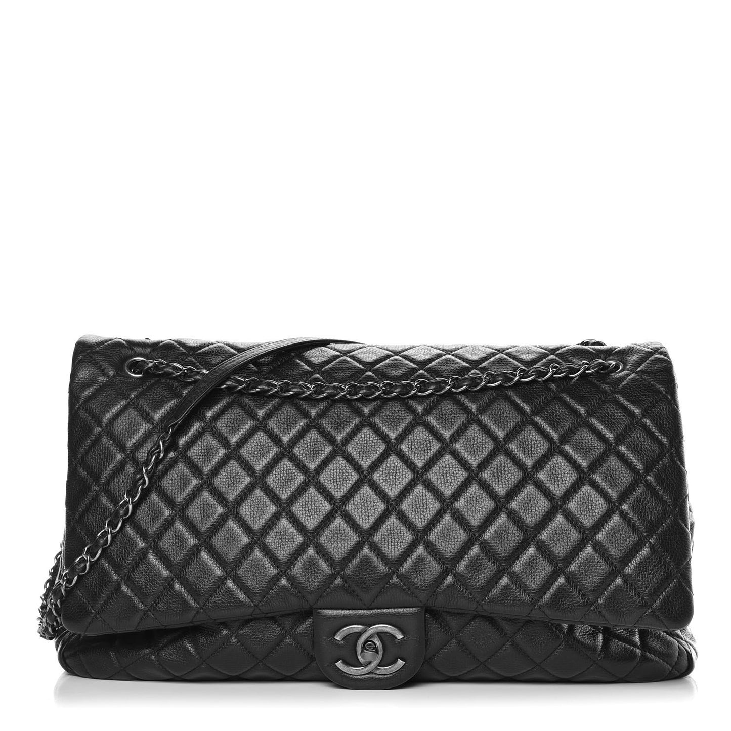 Calfskin Quilted XXL Travel Flap Bag Black