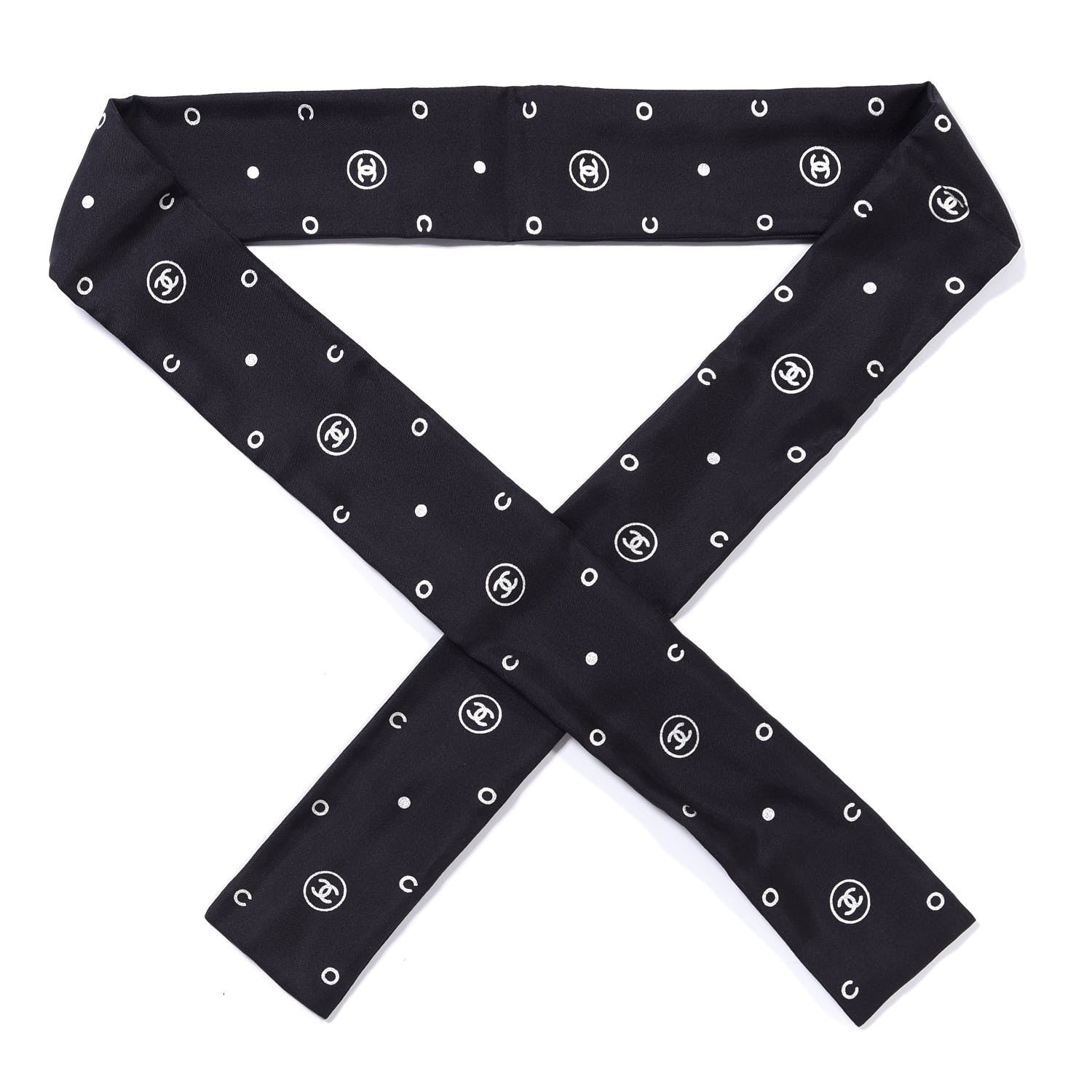 Chanel Silk CC Polka Dot Slim Bandeau Scarf Black Silver 1 of 3