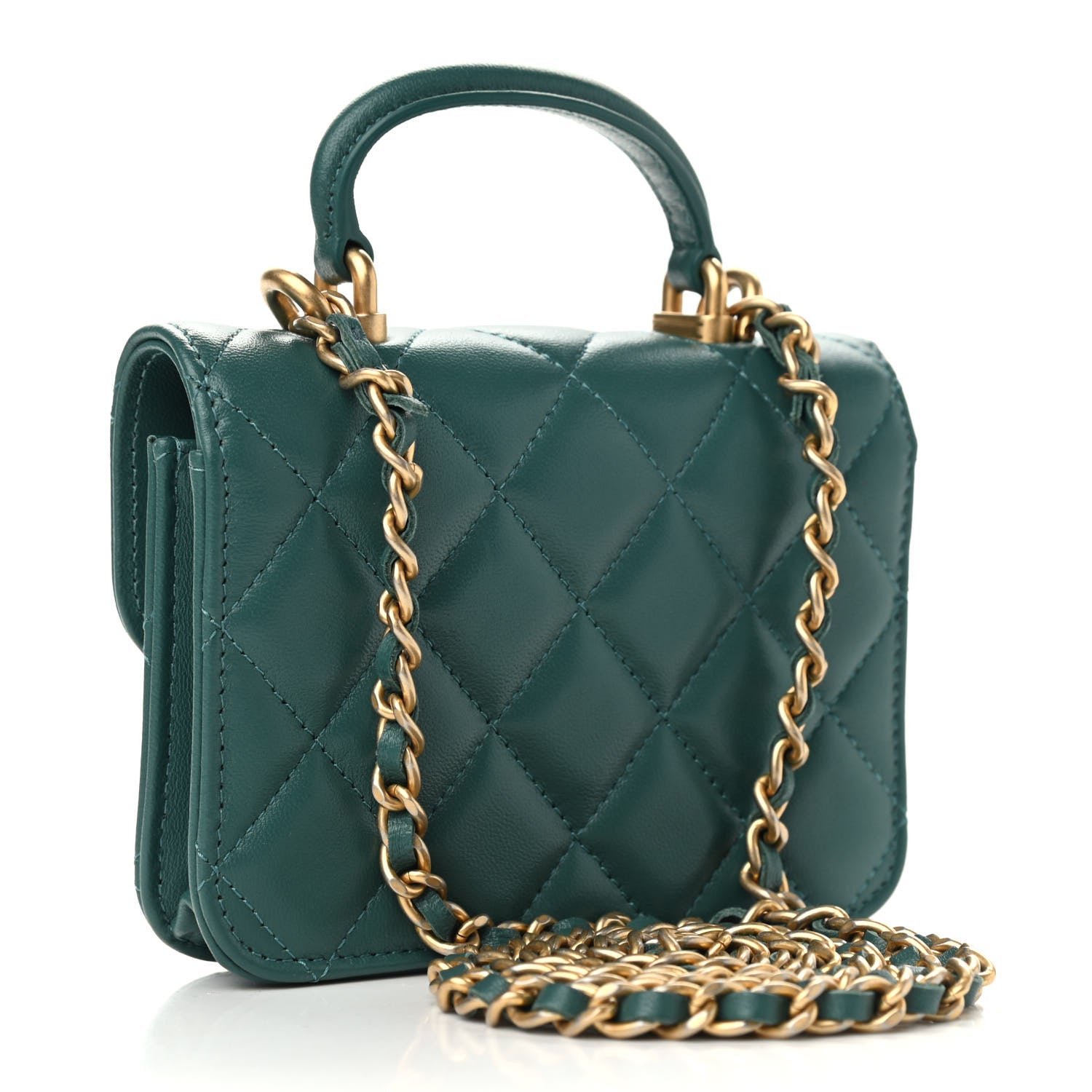 Chanel Lambskin Quilted Top Handle Flap Coin Purse With Chain Green 3 of 11