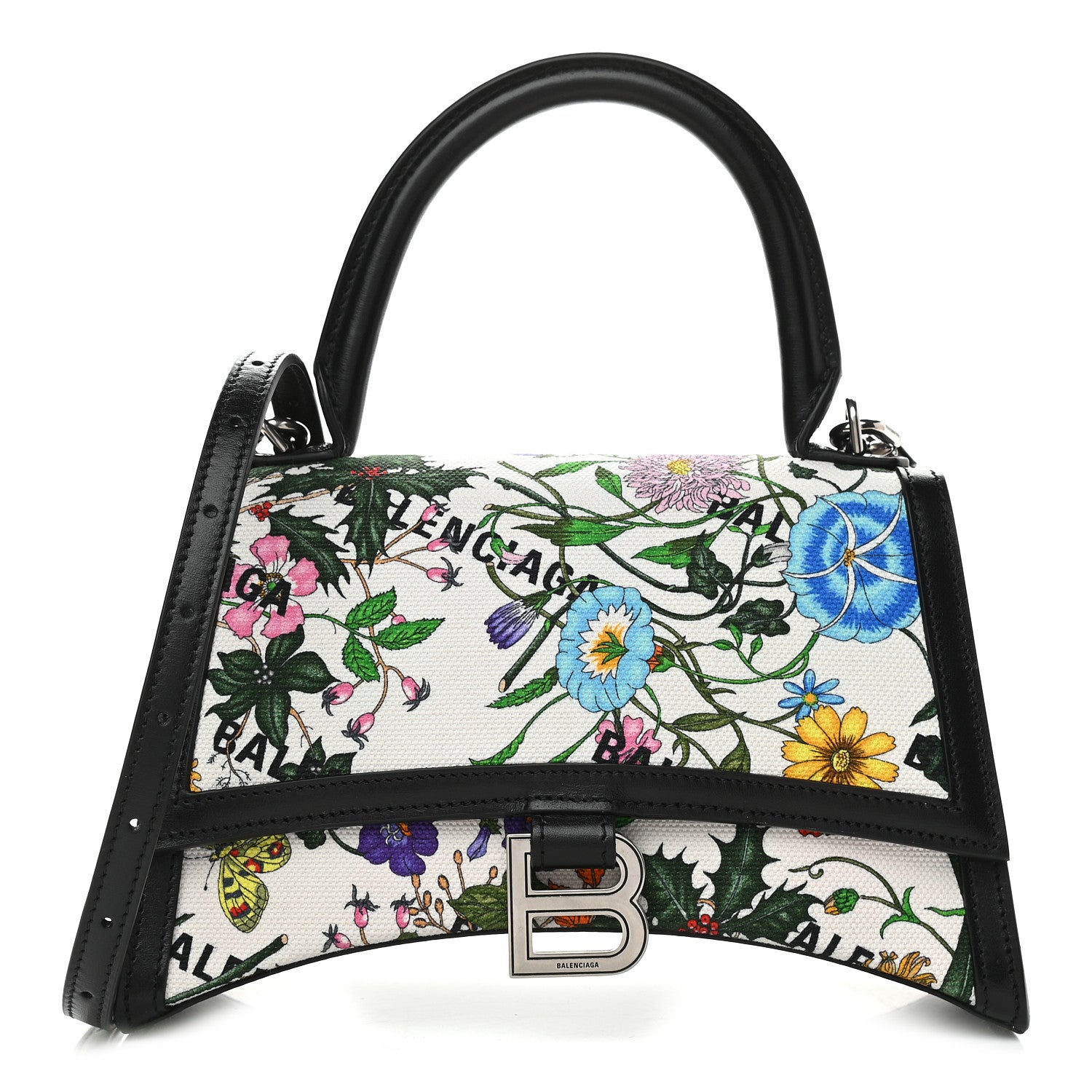 Balenciaga X GUCCI Canvas Boarded Plutone Calfskin Flora Logo Print Small Hourglass Top Handle Bag White Multicolor Black 1 of 8