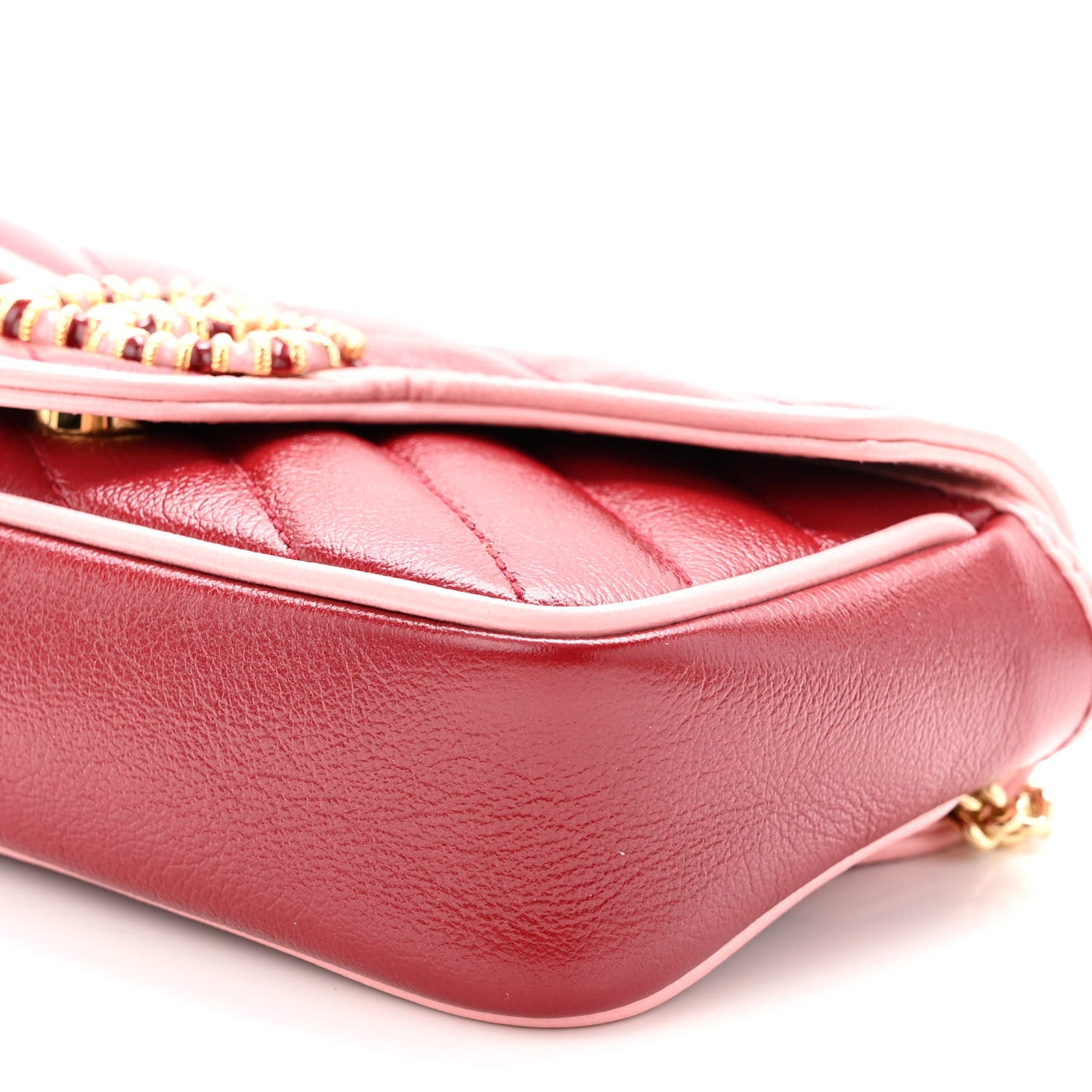 Azalea Calfskin Enamel Matelasse Diagonal Super Mini Torchon GG Marmont Shoulder Bag New Cherry Red Wild Rose