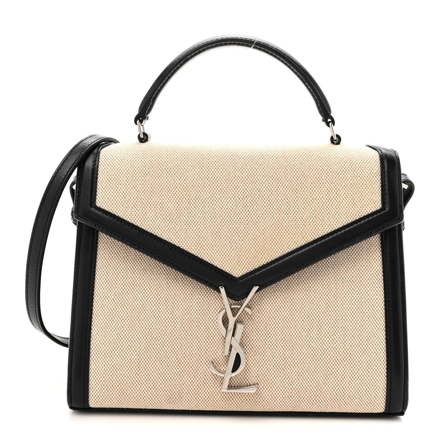 Saint Laurent Canvas Calfskin Medium Classic Monogram Cassandra Top Handle Natural Black 1 of 13