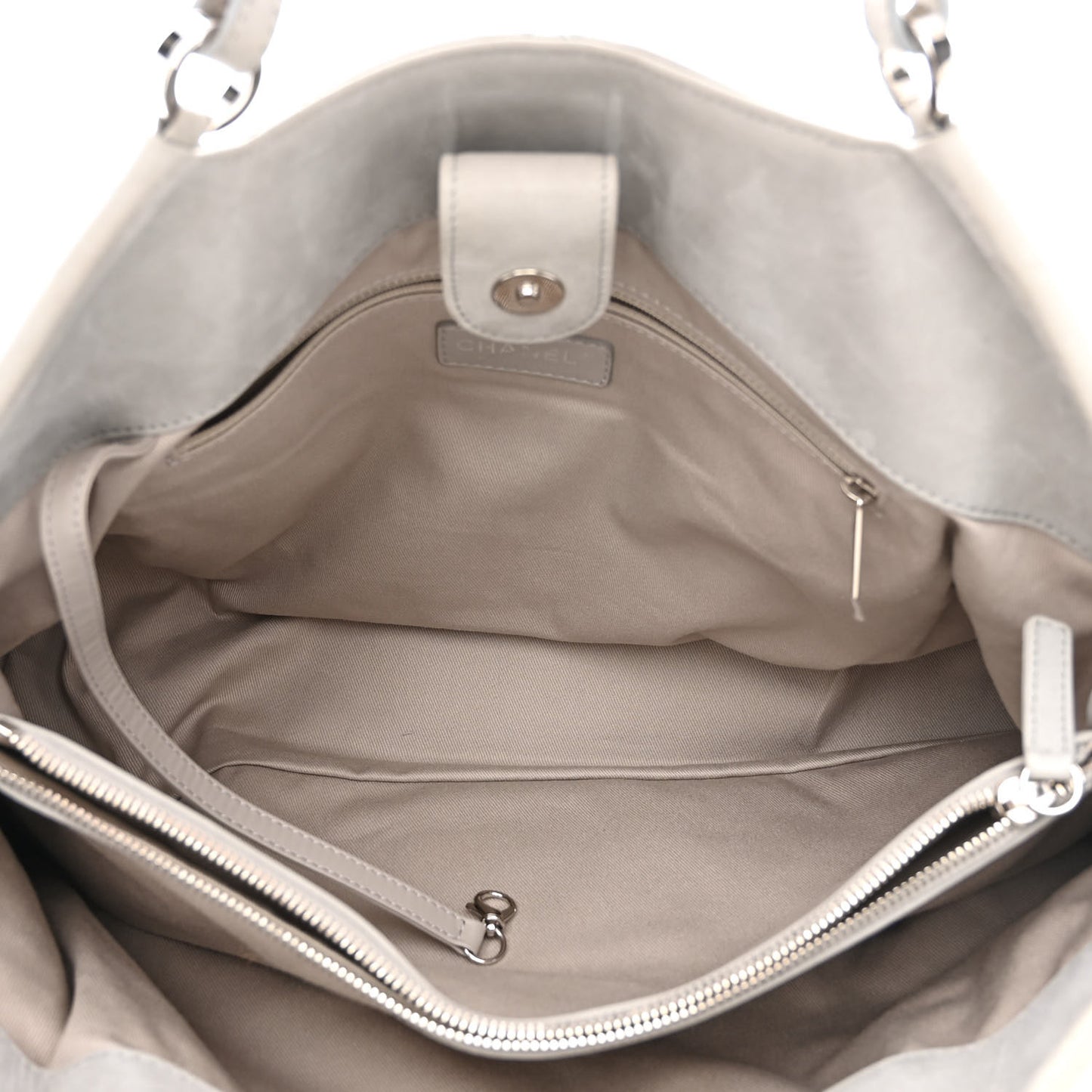 Iridescent Calfskin Diamond Stitched CC Shopping Tote Gris Clair