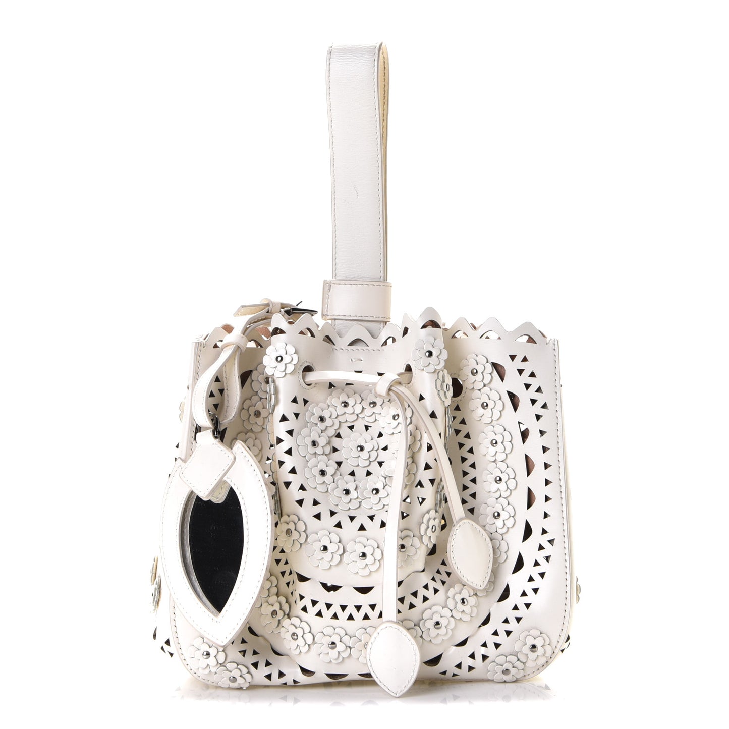 Calfskin Laser Cut Floral Studded Rose-Marie 19 Bag White