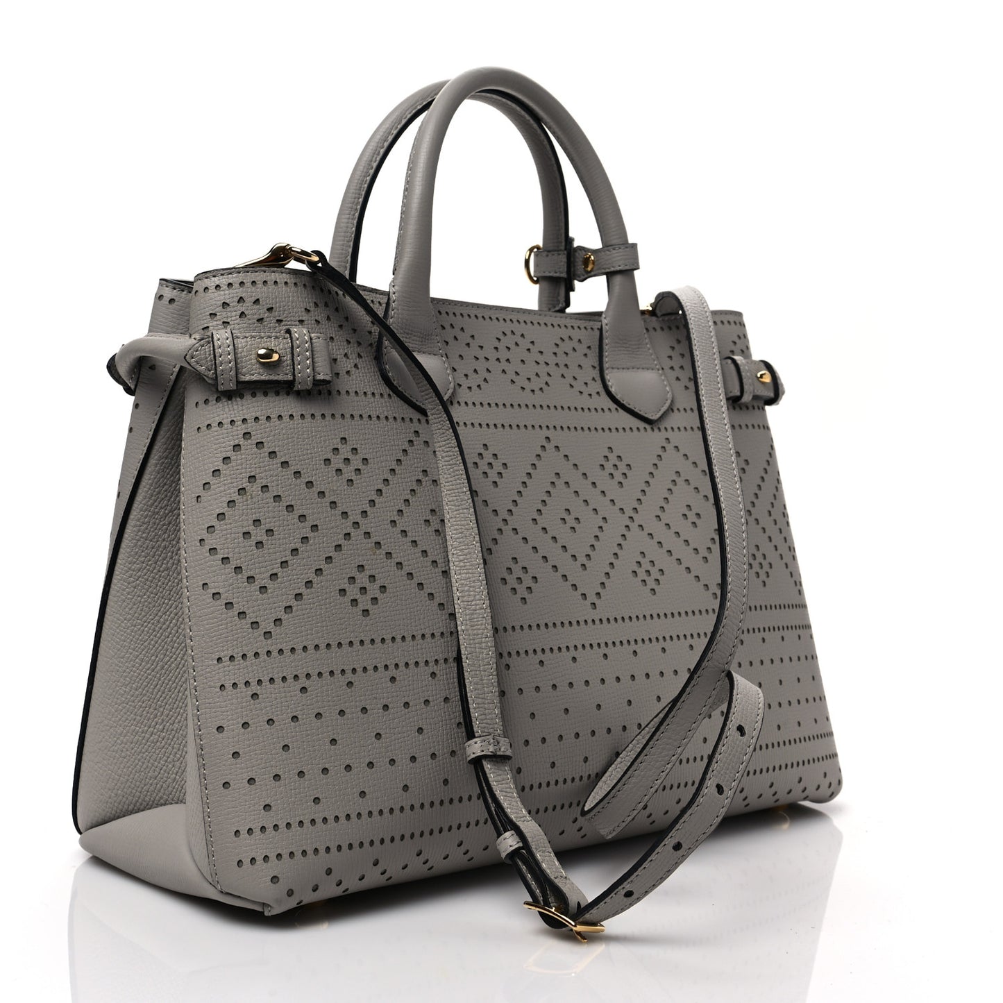 Grainy Calfskin Perforated Medium Broguing Banner Tote Grey