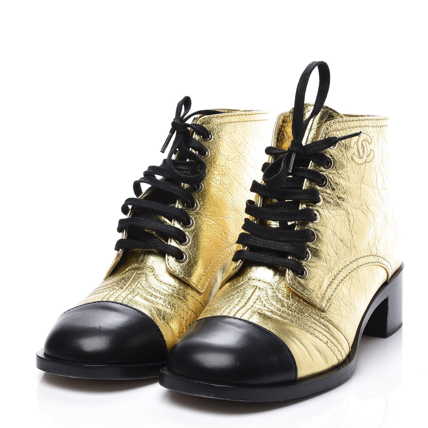 Metallic Calfskin Cap Toe Lace Up Boots 37.5 Gold Black