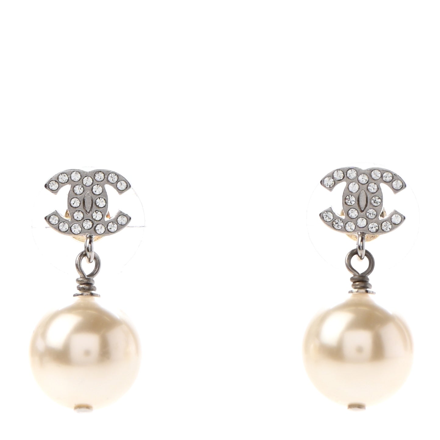 Crystal Pearl CC Drop Earrings Silver