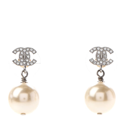 Chanel Crystal Pearl CC Drop Earrings Silver 1 of 4
