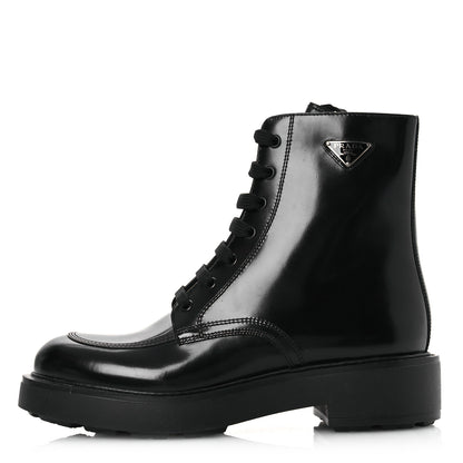 Prada Brushed Calfskin Triangle Combat Boots 39.5 Black 2 of 22