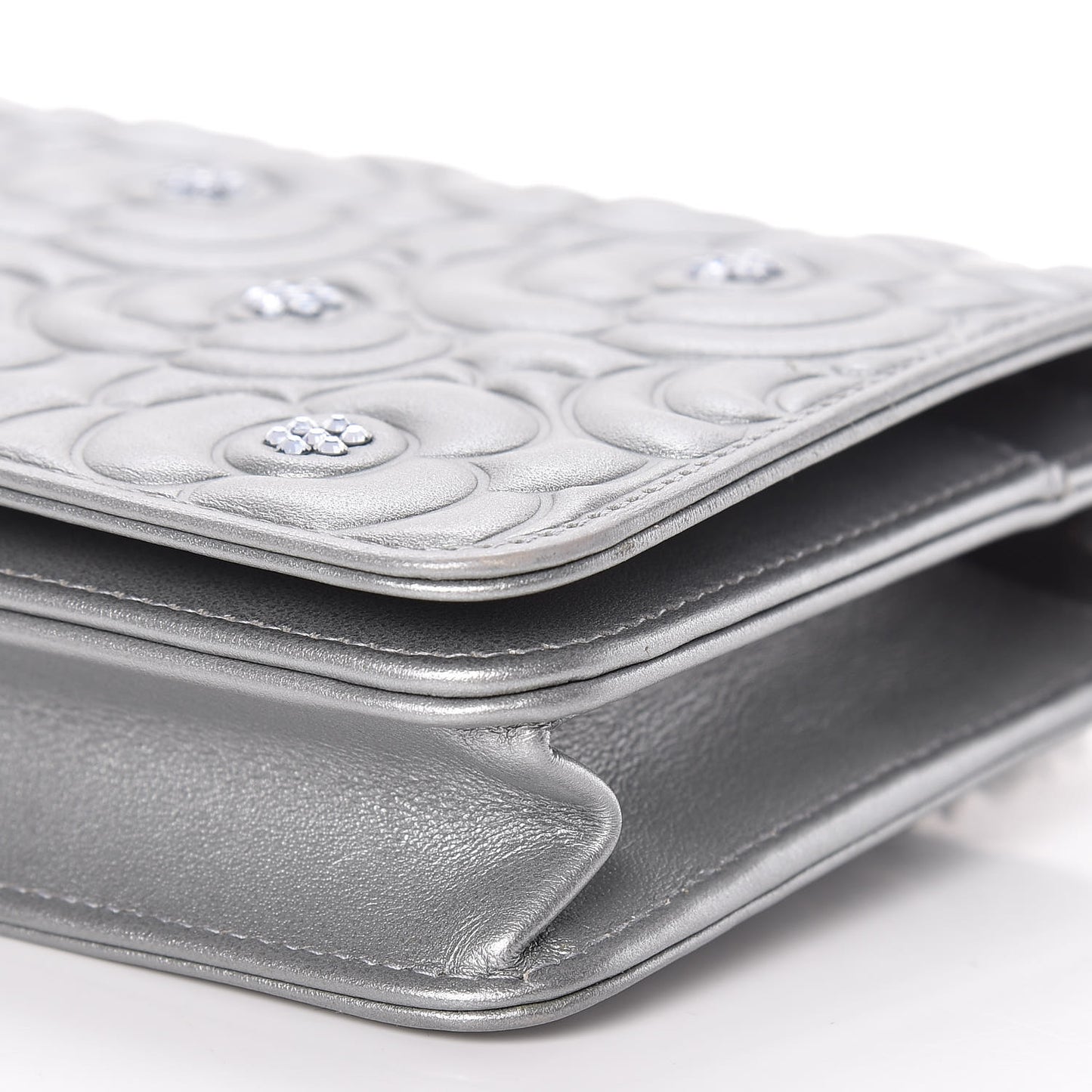Metallic Lambskin Camellia Crystal Wallet on Chain WOC Silver