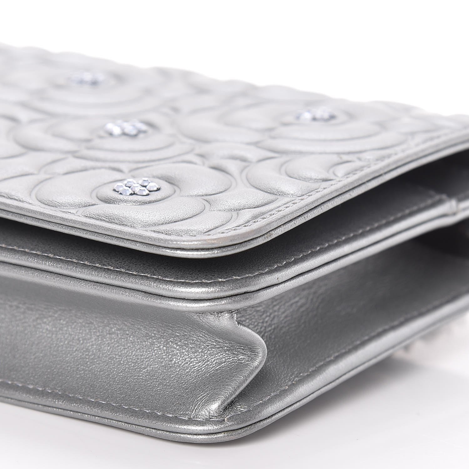 Chanel Metallic Lambskin Camellia Crystal Wallet on Chain WOC Silver 7 of 14
