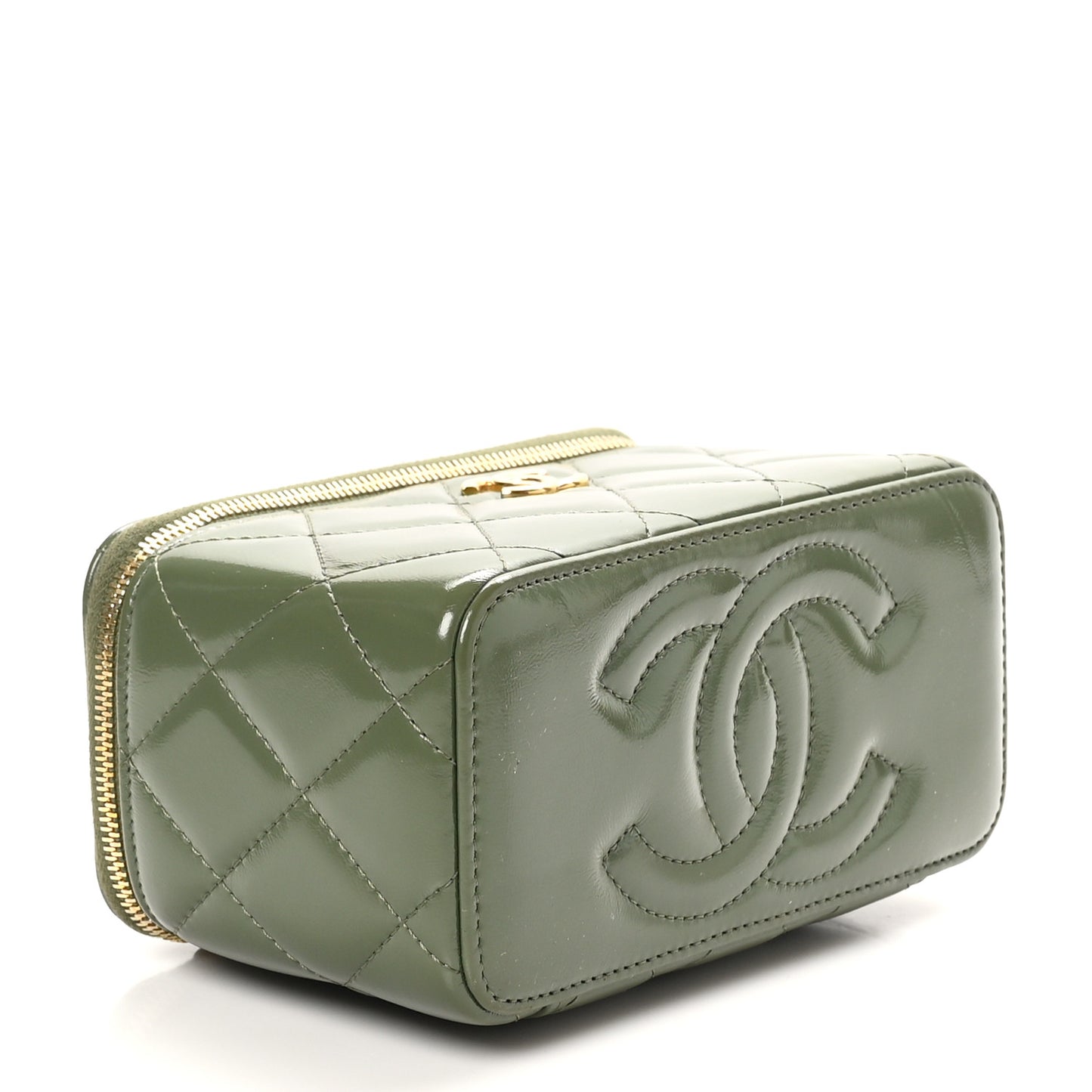Shiny Crumpled Calfskin Quilted Pick Me Up Vanity Case Khaki