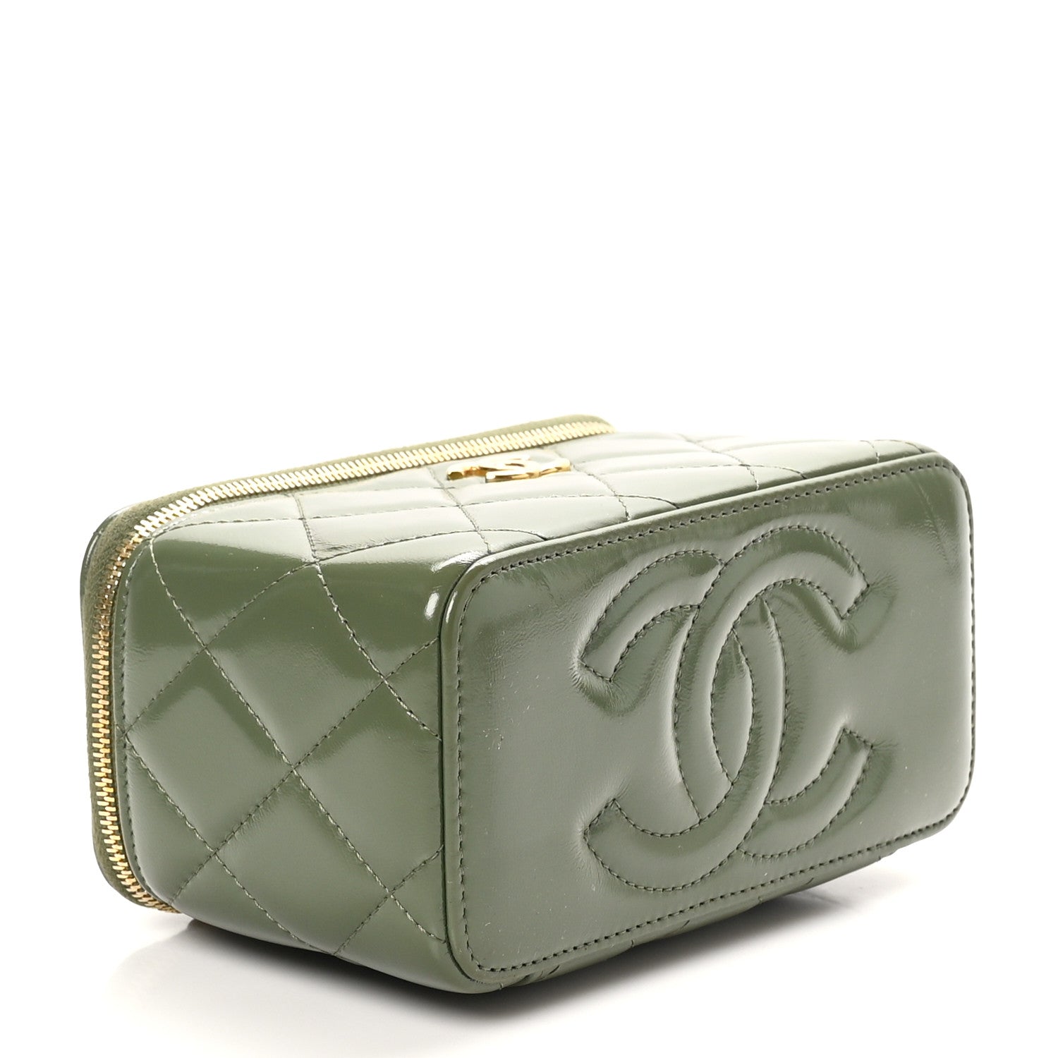 Chanel Shiny Crumpled Calfskin Quilted Pick Me Up Vanity Case Khaki 4 of 11