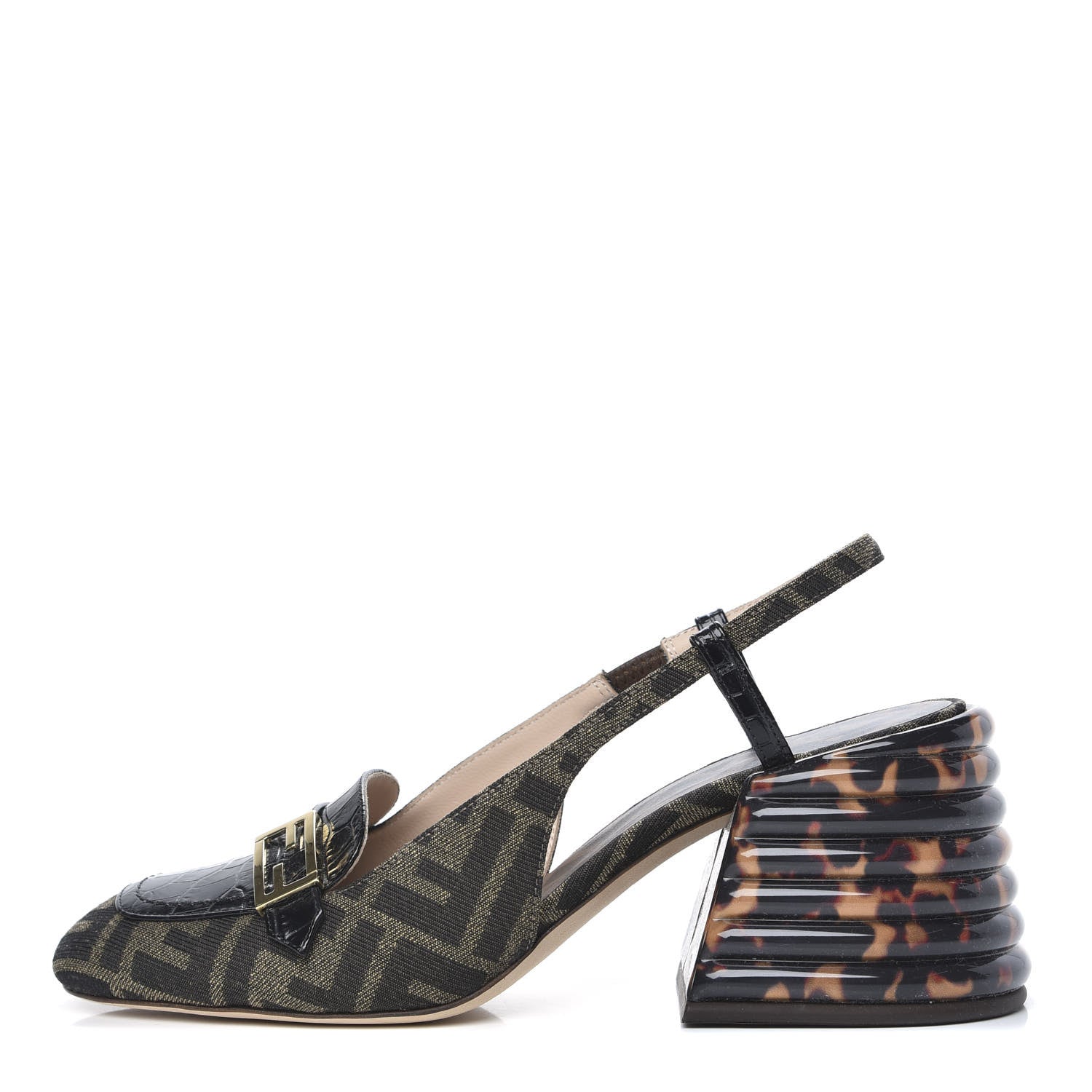 Fendi Jacquard Calfskin FF Tortoise Promenade Slingback Loafer Pumps 38.5 Tobacco 1 of 9