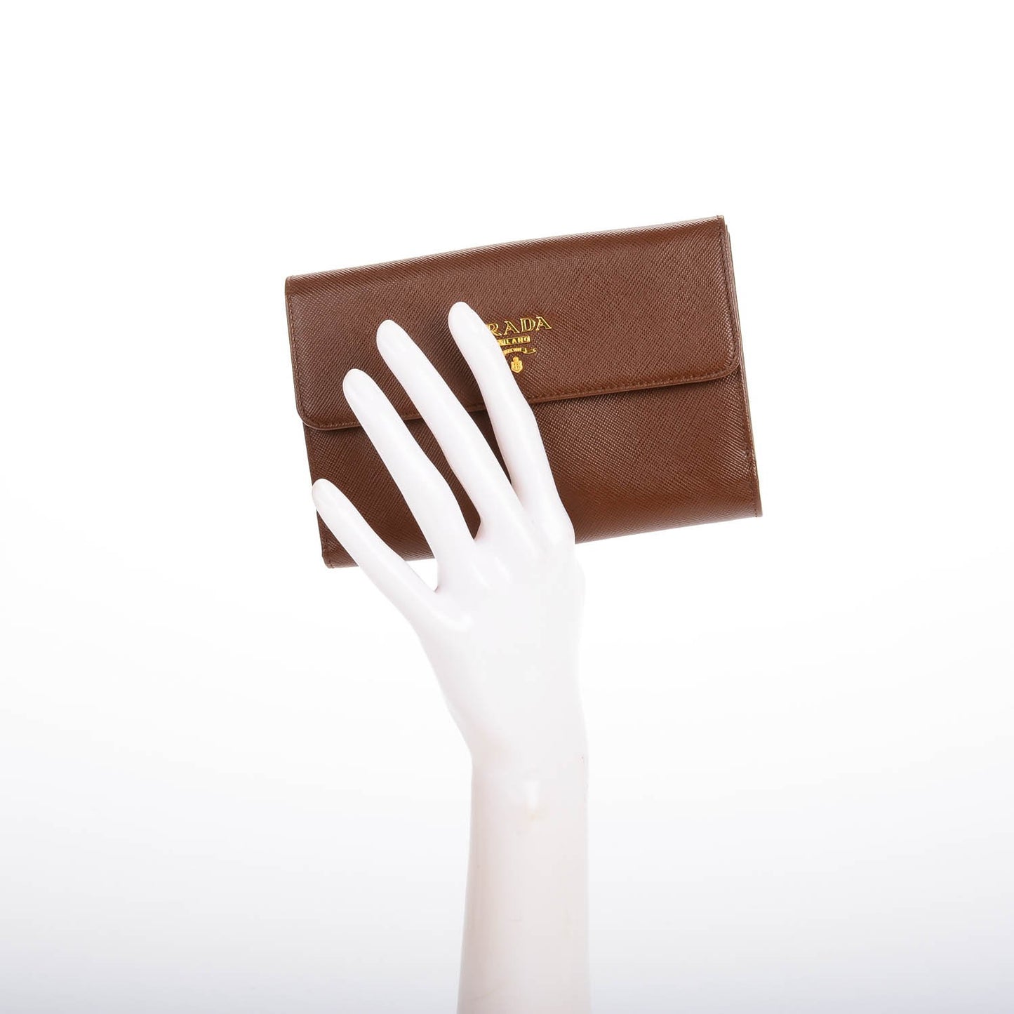 Saffiano Metal Short Flap Wallet Brown