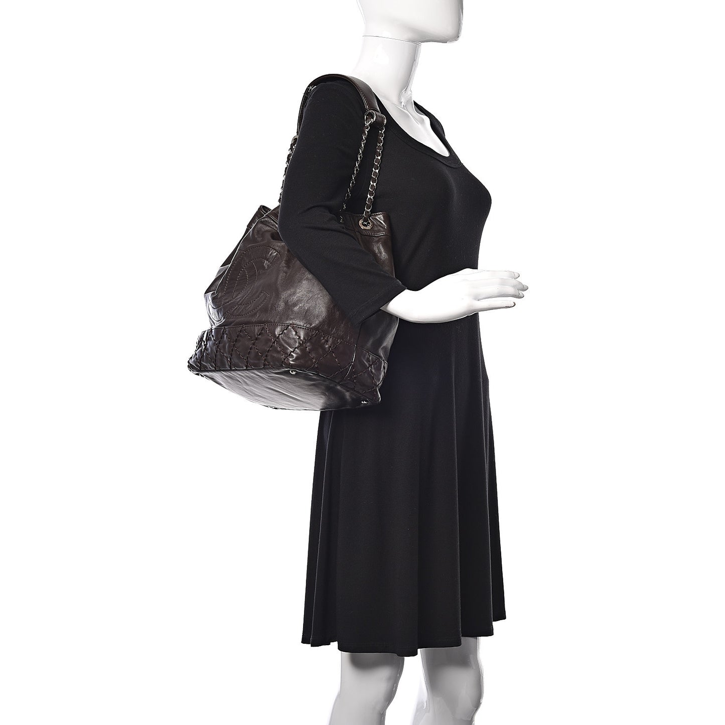 Calfskin Drawstring CC Bucket Bag Dark Brown